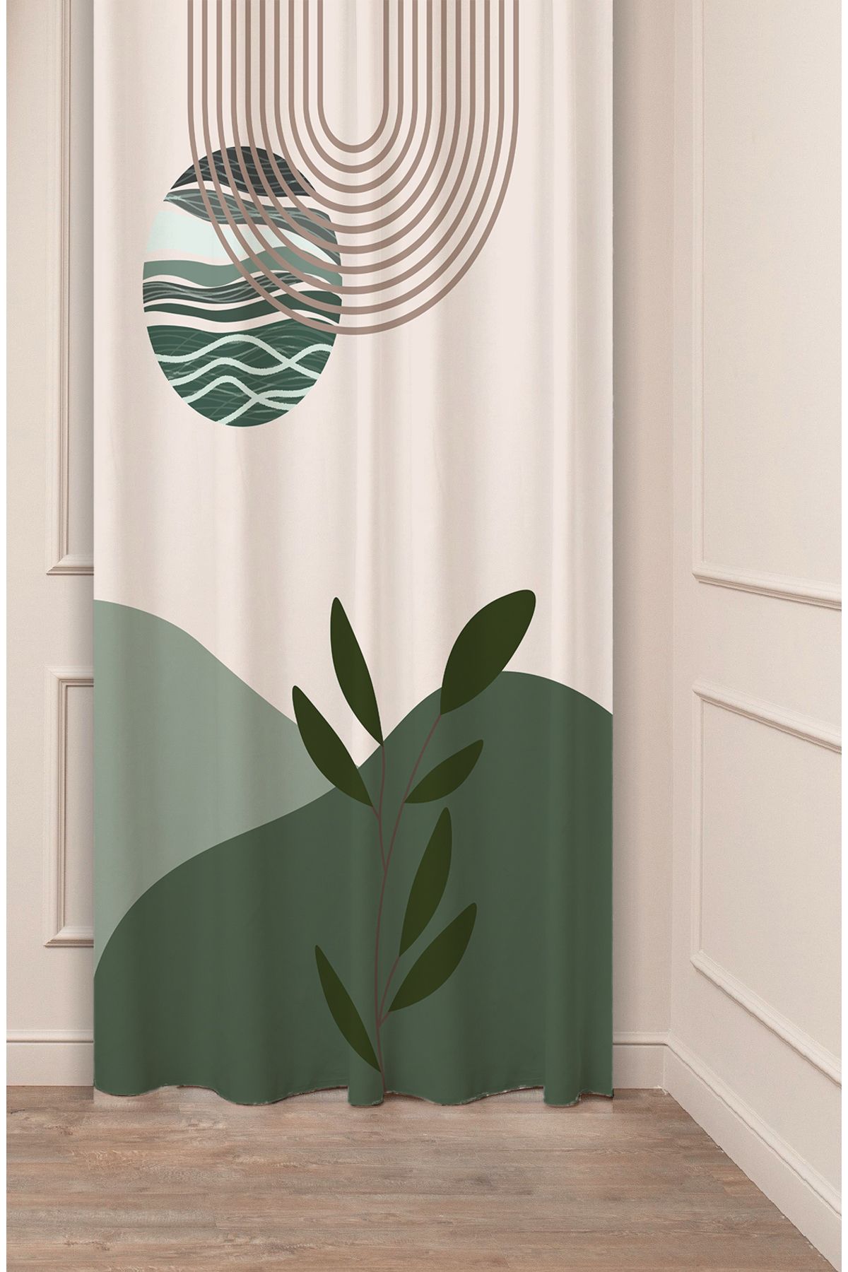 GREENDECOR Yaprak Grafik Bohem Minimalist Bej Krem Desenli Özel Tasarım Dijital Baskılı (Tek Kanat) Fon Perde