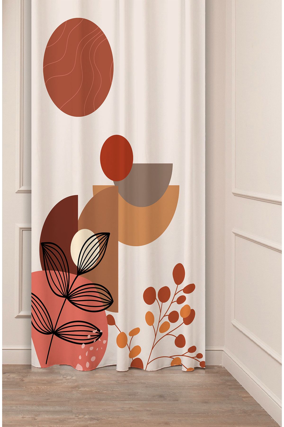 GREENDECOR Yaprak Grafik Bohem Minimalist Bej Krem Desenli Özel Tasarım Dijital Baskılı (Tek Kanat) Fon Perde