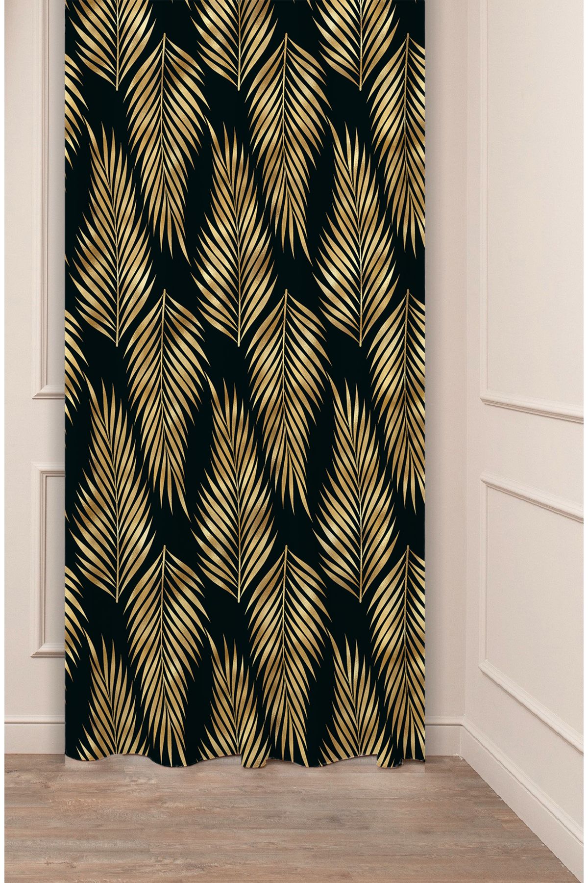 GREENDECOR Yaprak Siyah Bohem Minimalist Bej Krem Desenli Özel Tasarım Dijital Baskılı (Tek Kanat) Fon Perde