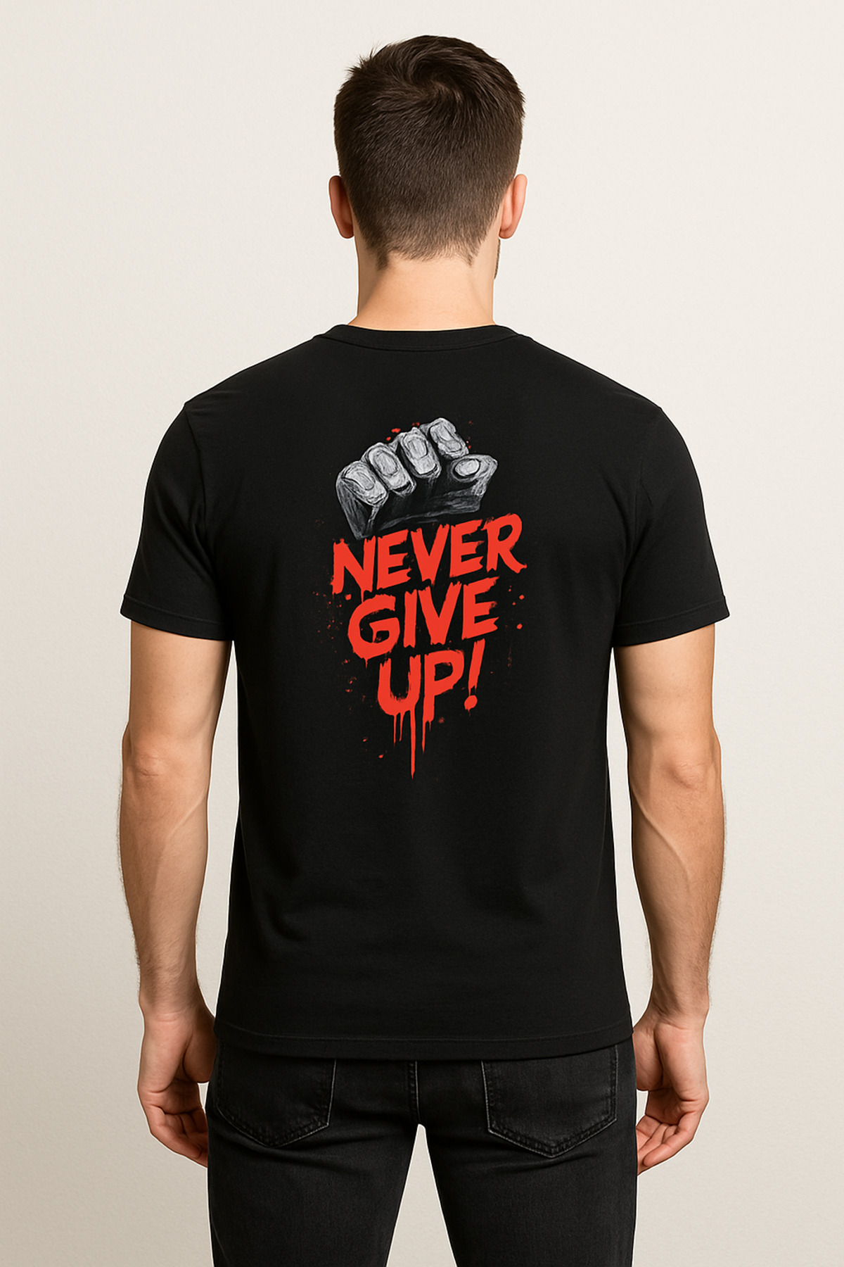 Erkek Never Give Up Sırt Baskılı Siyah Tshirt
