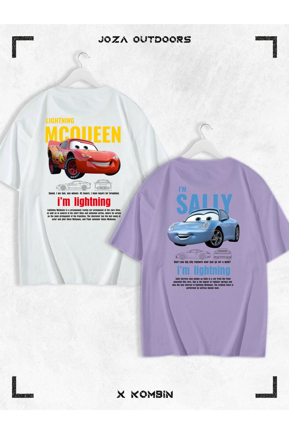 Jobia Outdoors Kadın Erkek Unisex Sally & Mcqueen Cars Sevgili Çift Kombini Oversize Renkli Tshirt 2'li Takım
