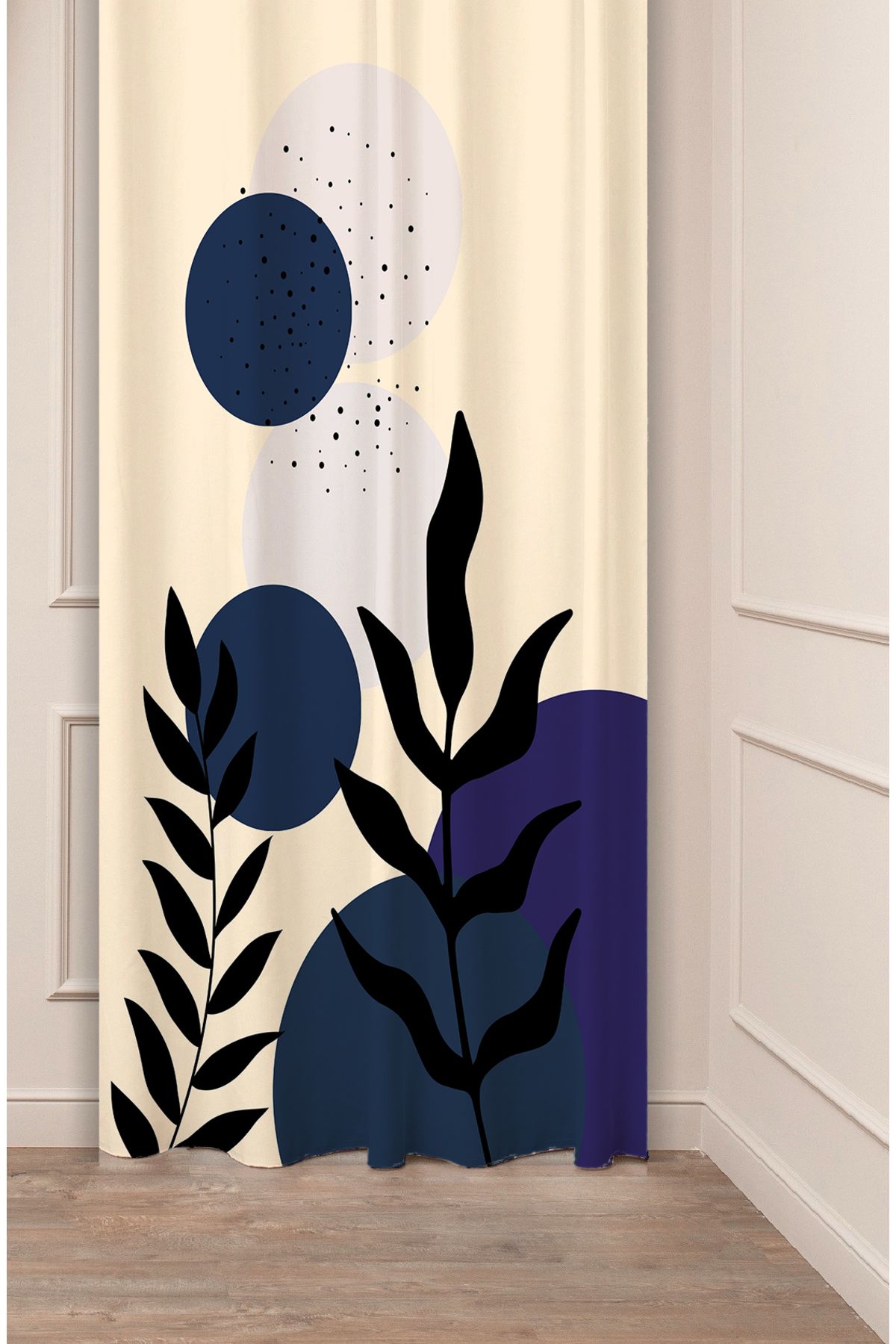 GREENDECOR Yaprak Grafik Bohem Minimalist Bej Krem Desenli Özel Tasarım Dijital Baskılı (Tek Kanat) Fon Perde