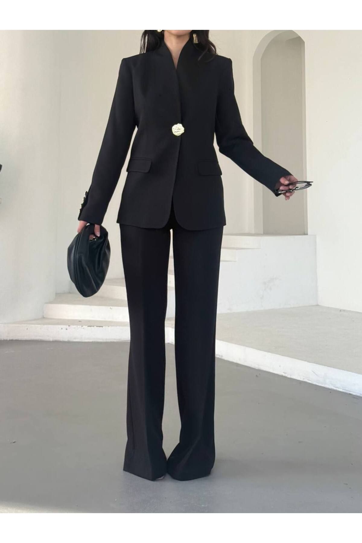 MVK GİYİM Düğme Detaylı Blazer Ceket Pantolon Takım