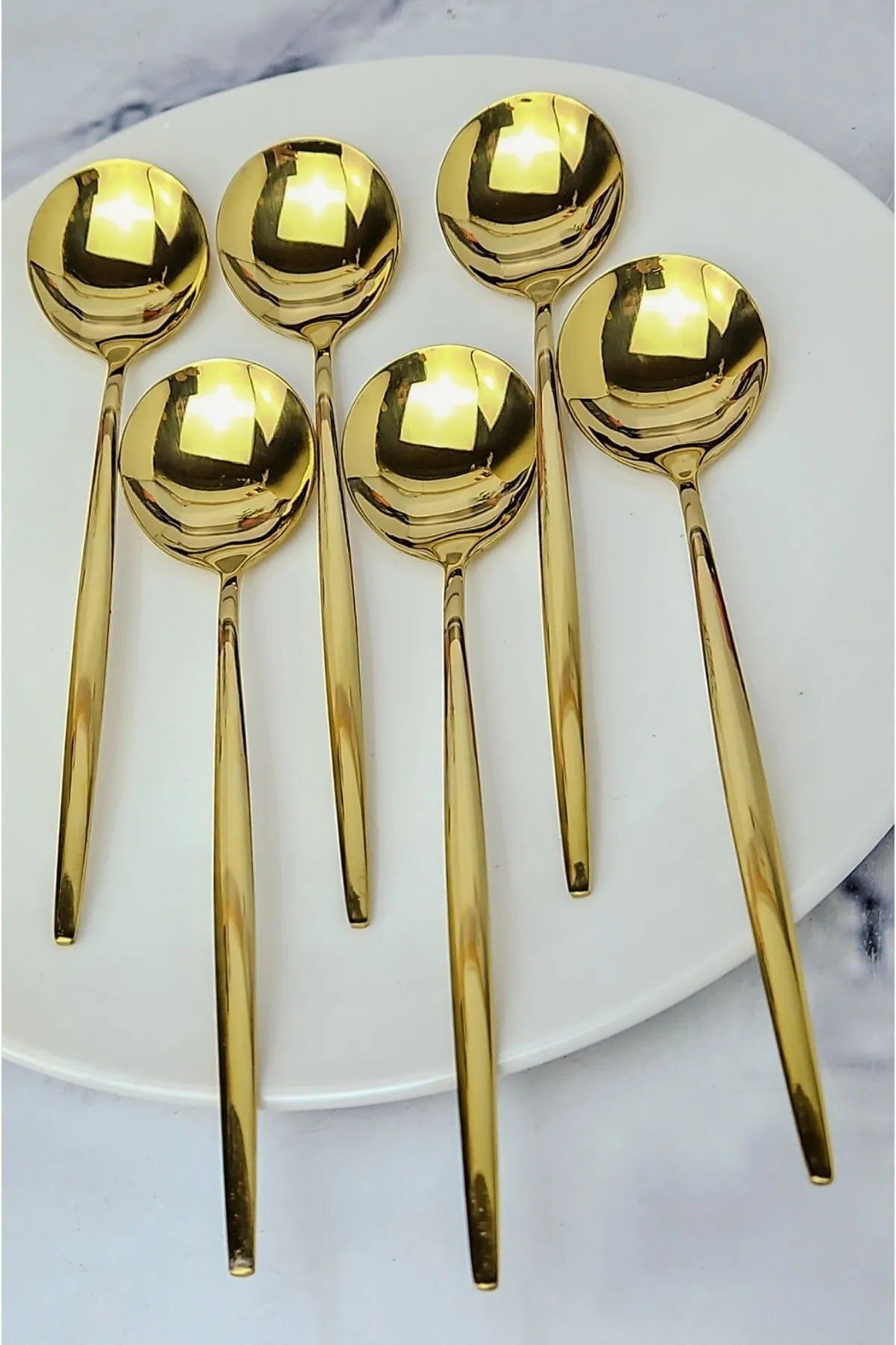 DEPPOSITE 6 Adet Lüx Şık Paslanmaz Çelik Gold Renk Titanyum Kaplama Yemek Kaşığı