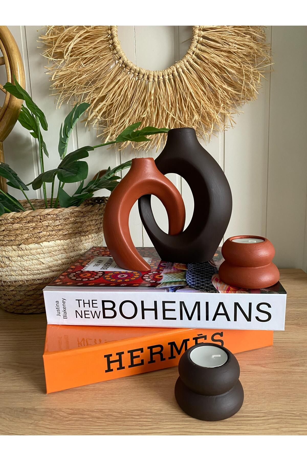 Porselian Sarmaşık Sevgili Bohem Vazo & Mumluk Set