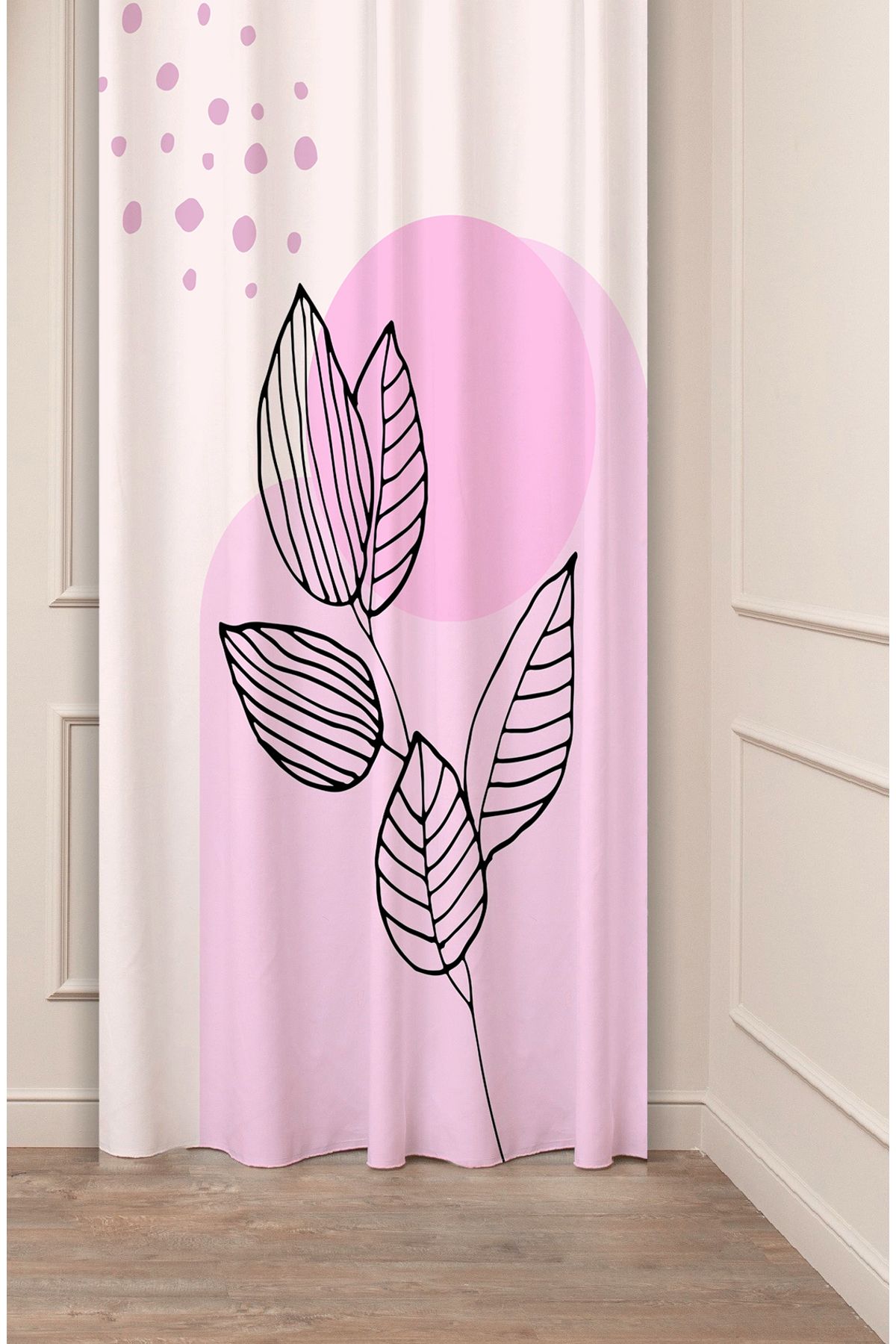 GREENDECOR Yaprak Grafik Bohem Minimalist Bej Krem Desenli Özel Tasarım Dijital Baskılı (Tek Kanat) Fon Perde