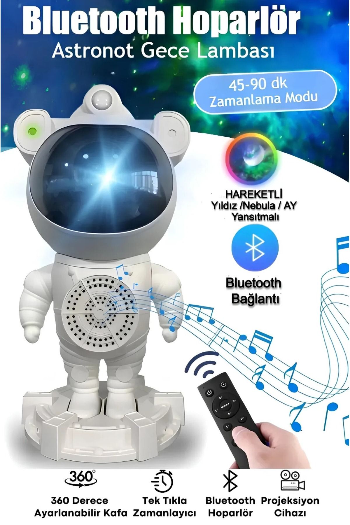 Home Projeksiyon Gökyüzü Gece Lambası Astronot Bluetooth Hoparlör Hareketli Galaxy Bulutsu Zamanlayıcılı