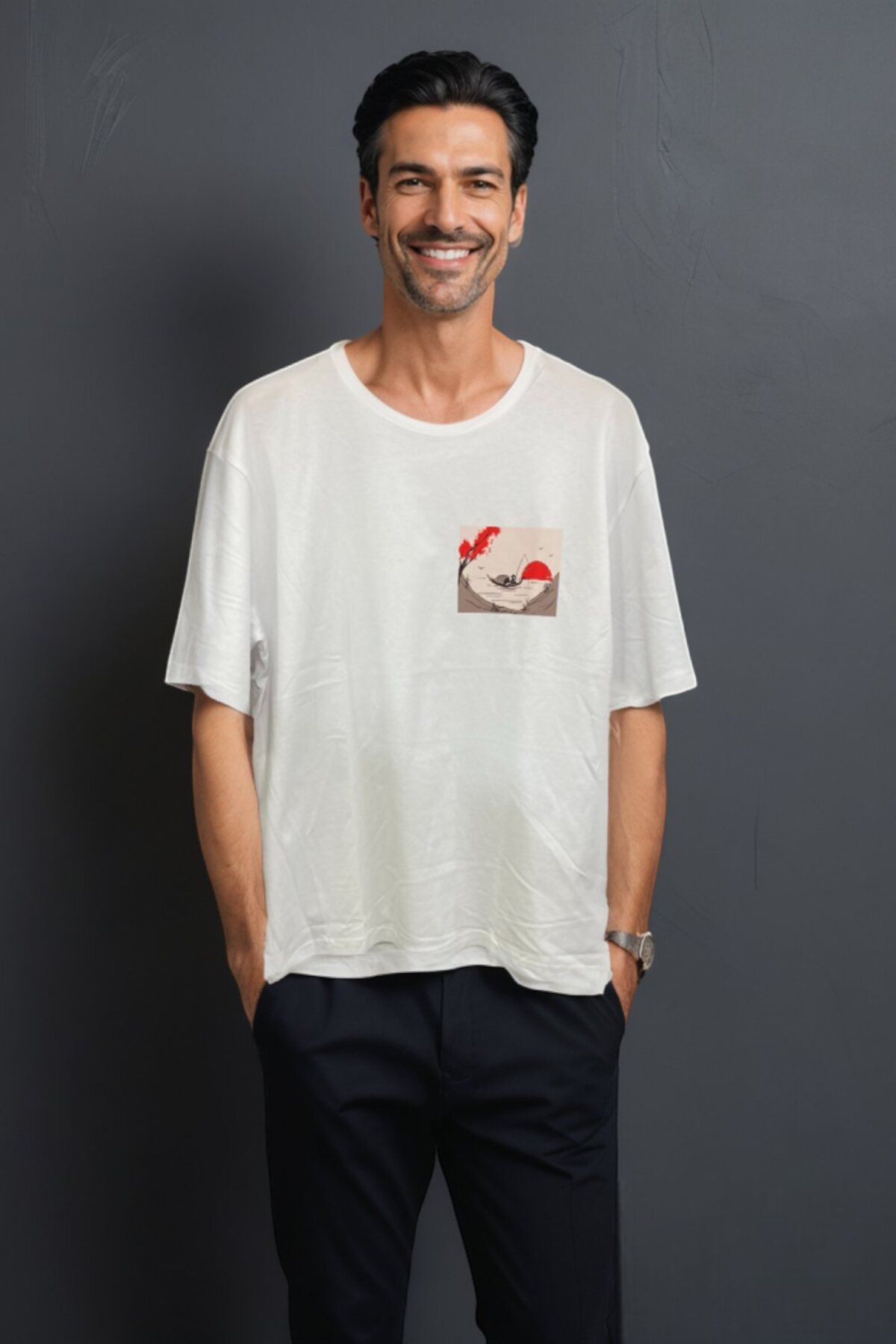CANMODA Japon Balıkçı Oversize Tişört - Beyaz