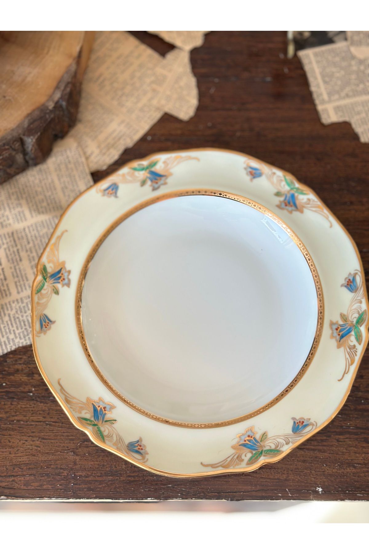 LIMOGES Fransız limoges damgalı antika porselen altın yaldızlı çiçekli hafif çukur servis tabağı 24 cm 6lı