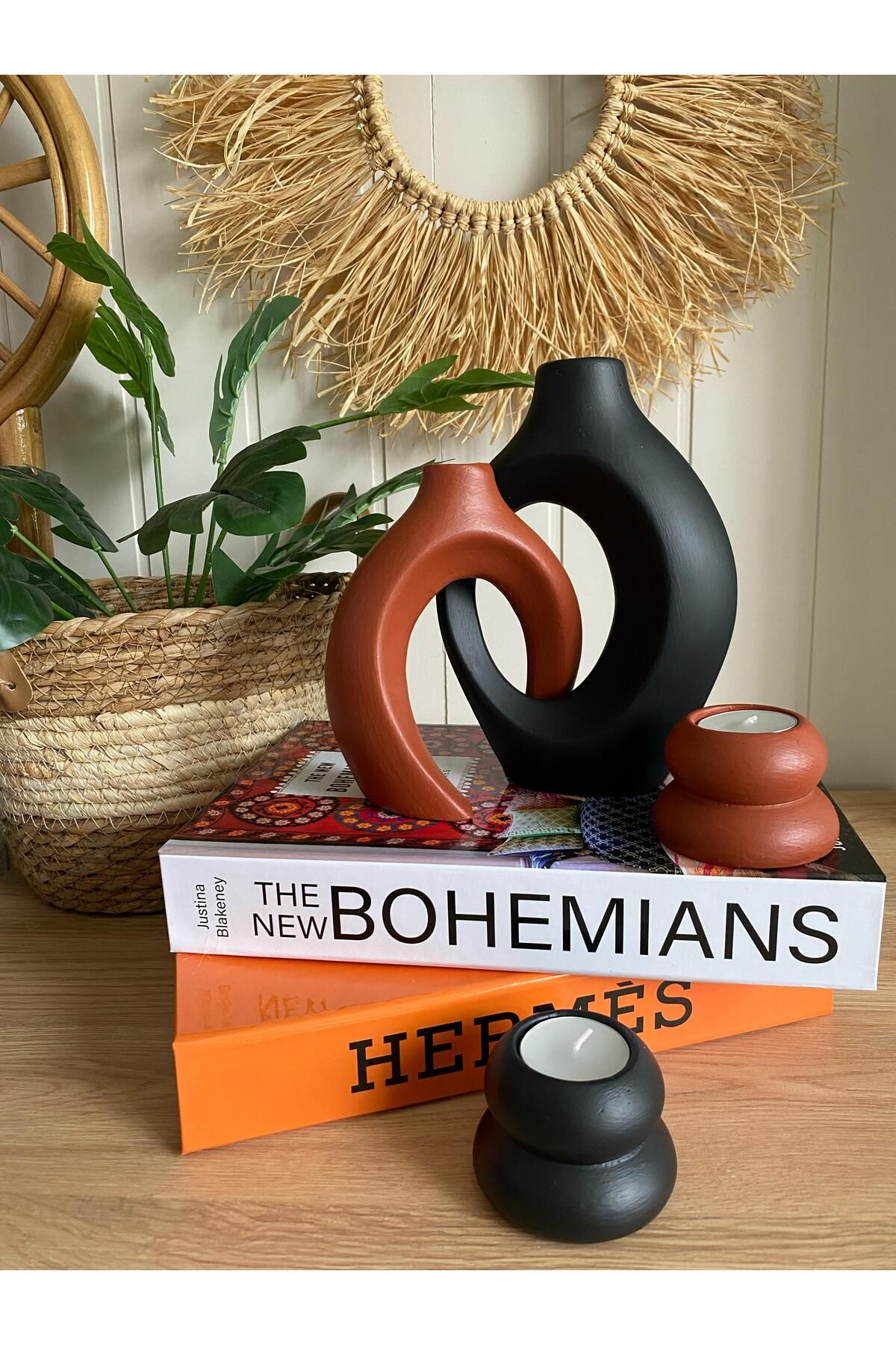 Porselian Sarmaşık Vazo ve Mumluk 4lü Set
