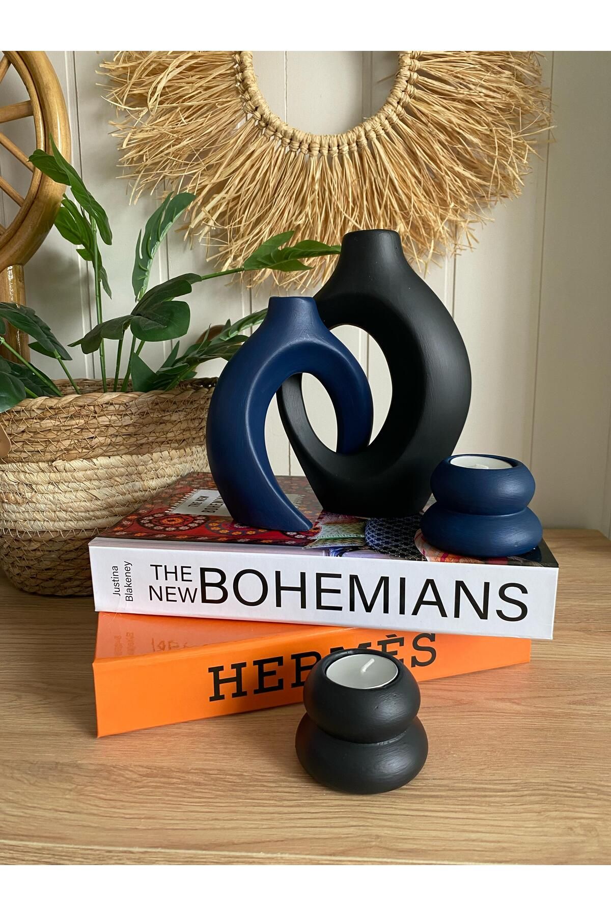 Porselian Sarmaşık Vazo ve Mumluk 4lü Set