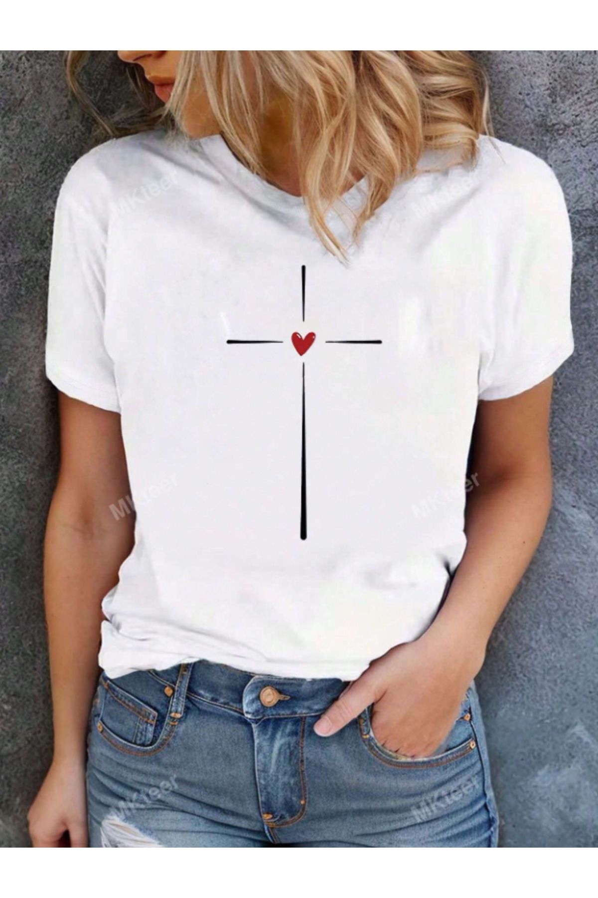 Framgan Kadın/Erkek KALP DETAYLI Özel Baskılı Günlük Kısa Kollu Pamuklu T-Shirt