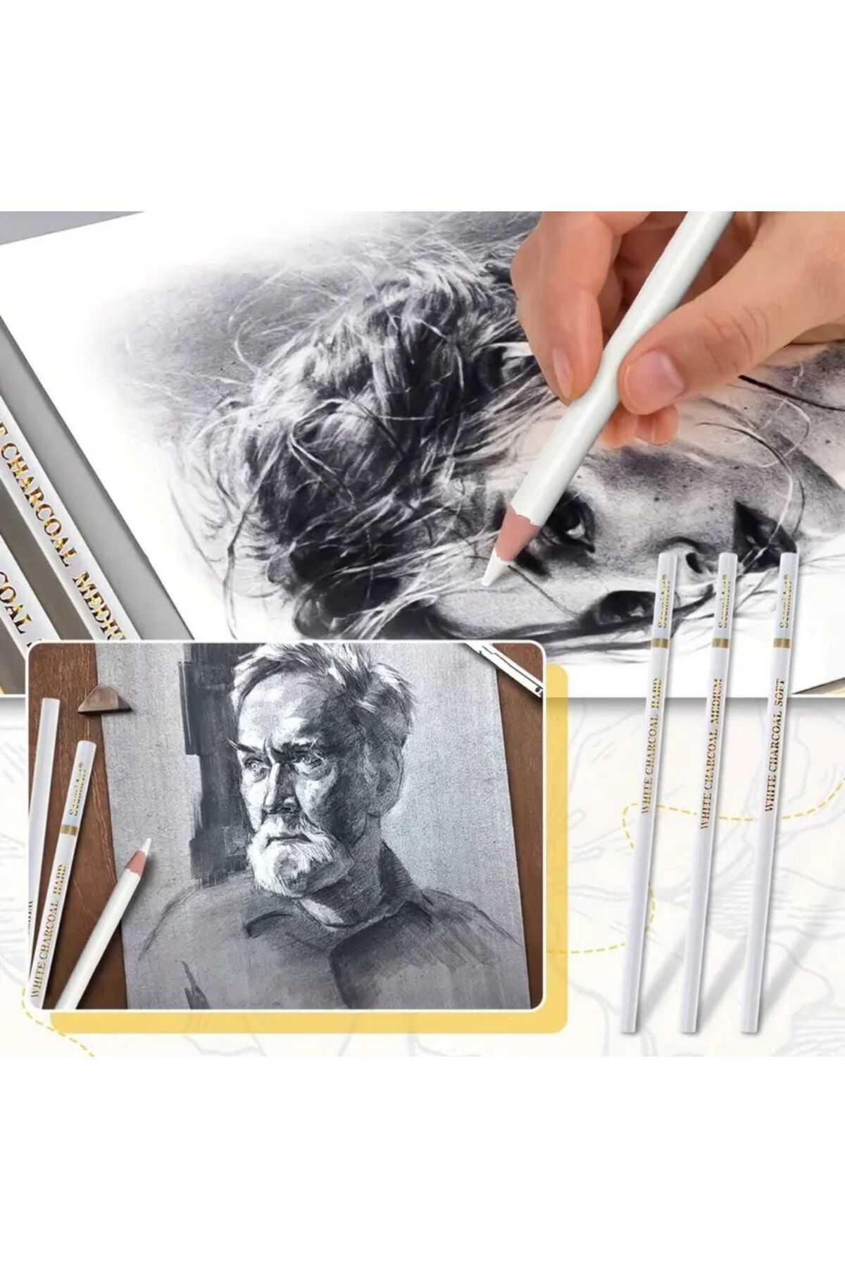 Mastro Art White Choarcoal Pastel Detay Kalem Kohinoor Beyaz Kalem
