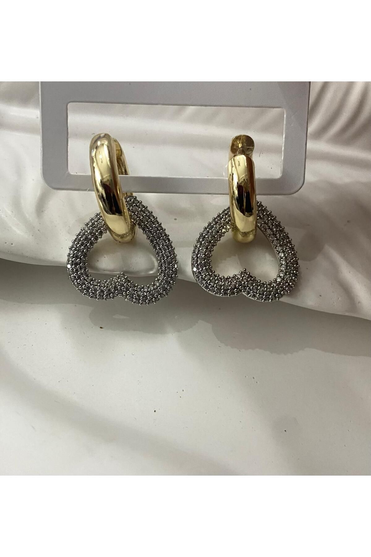 KANERUZ Gold Zirkon Taşlı Kalp Işıltılı Özel Tasarım Küpe