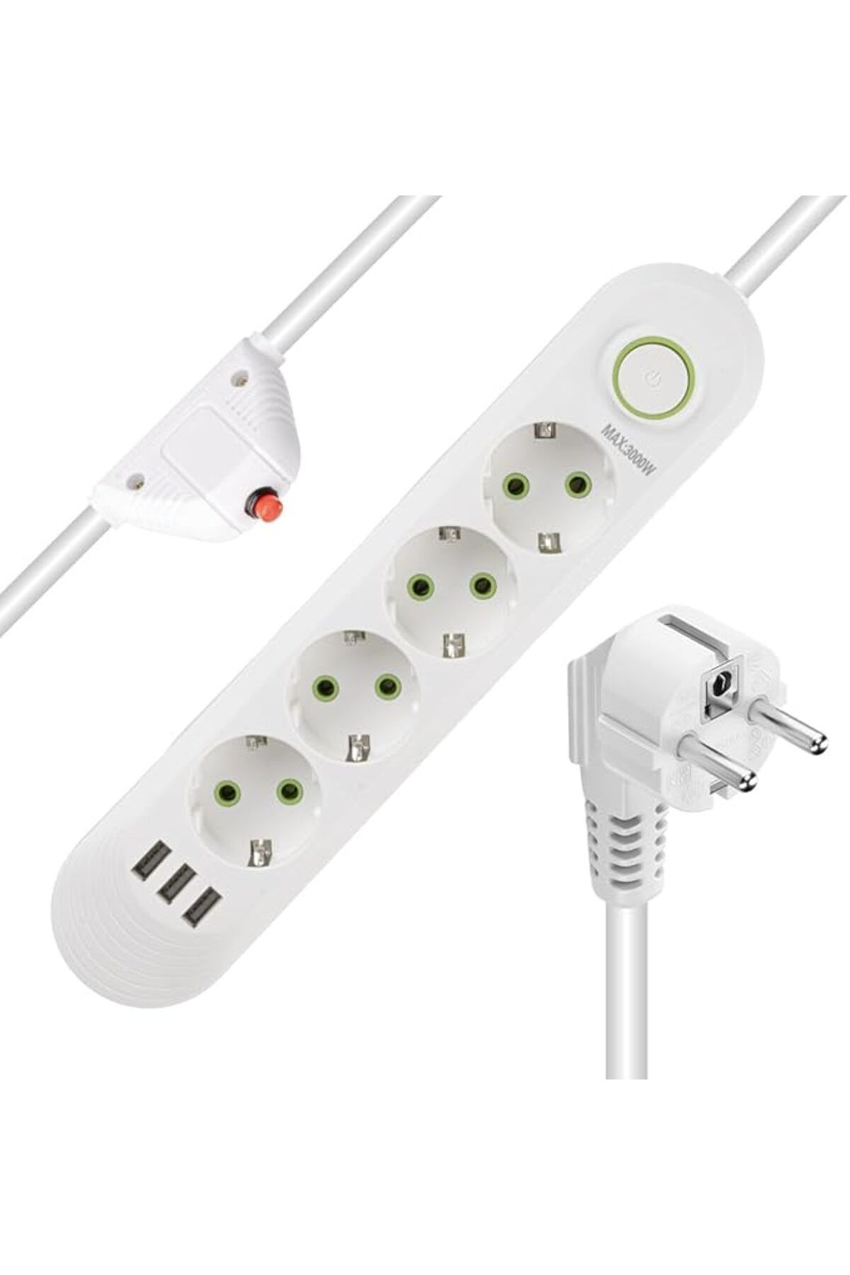 ShopZum Akım Korumalı Grup Priz, 4’Lü Priz,1.5 Metre Kablolu, 3 Usb’Li 3000W, 16 Amper, Kablo