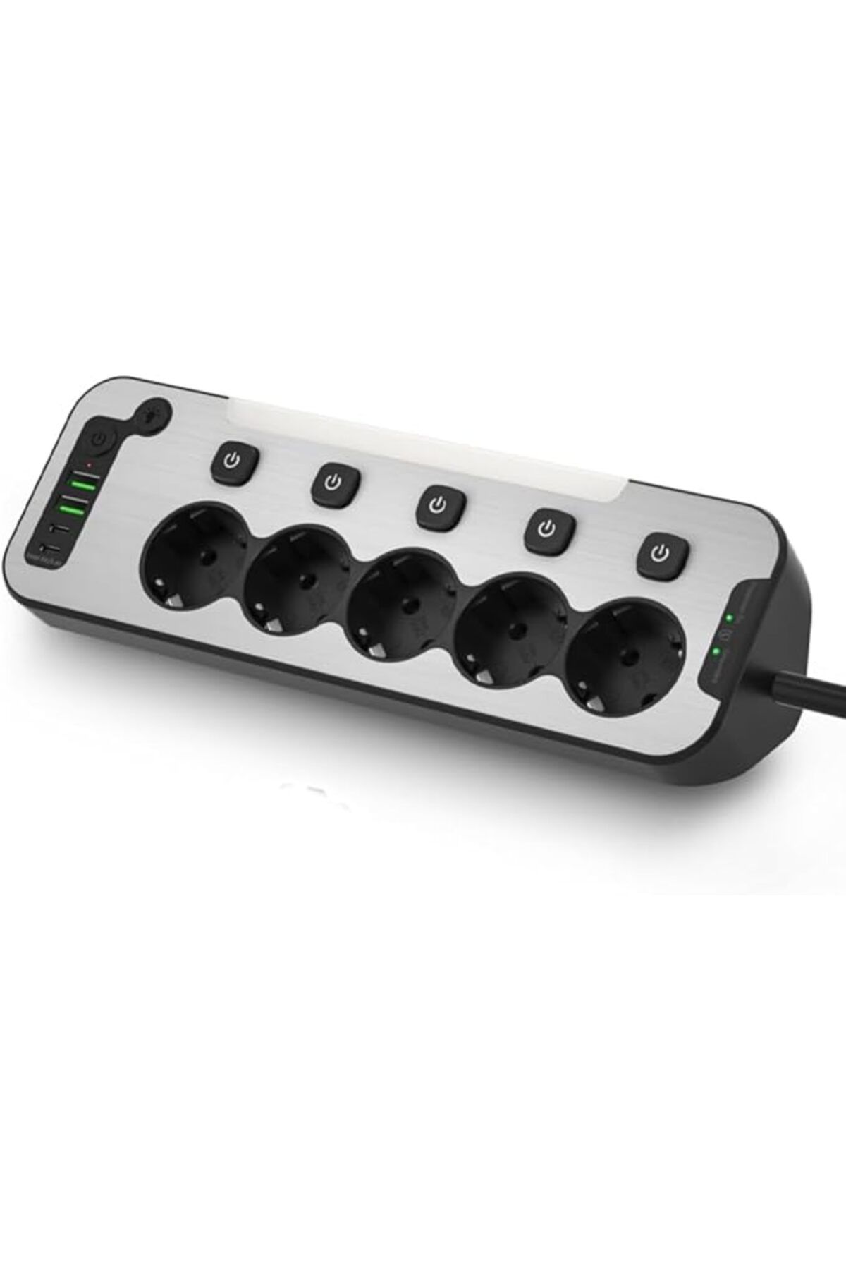 ShopZum Bağımsız Anahtarlı 5&Apos;Li Işıklı Akım Korumalı Çoklu Priz, 2X Usb - 2X Type-C Giriş, Metal Ön