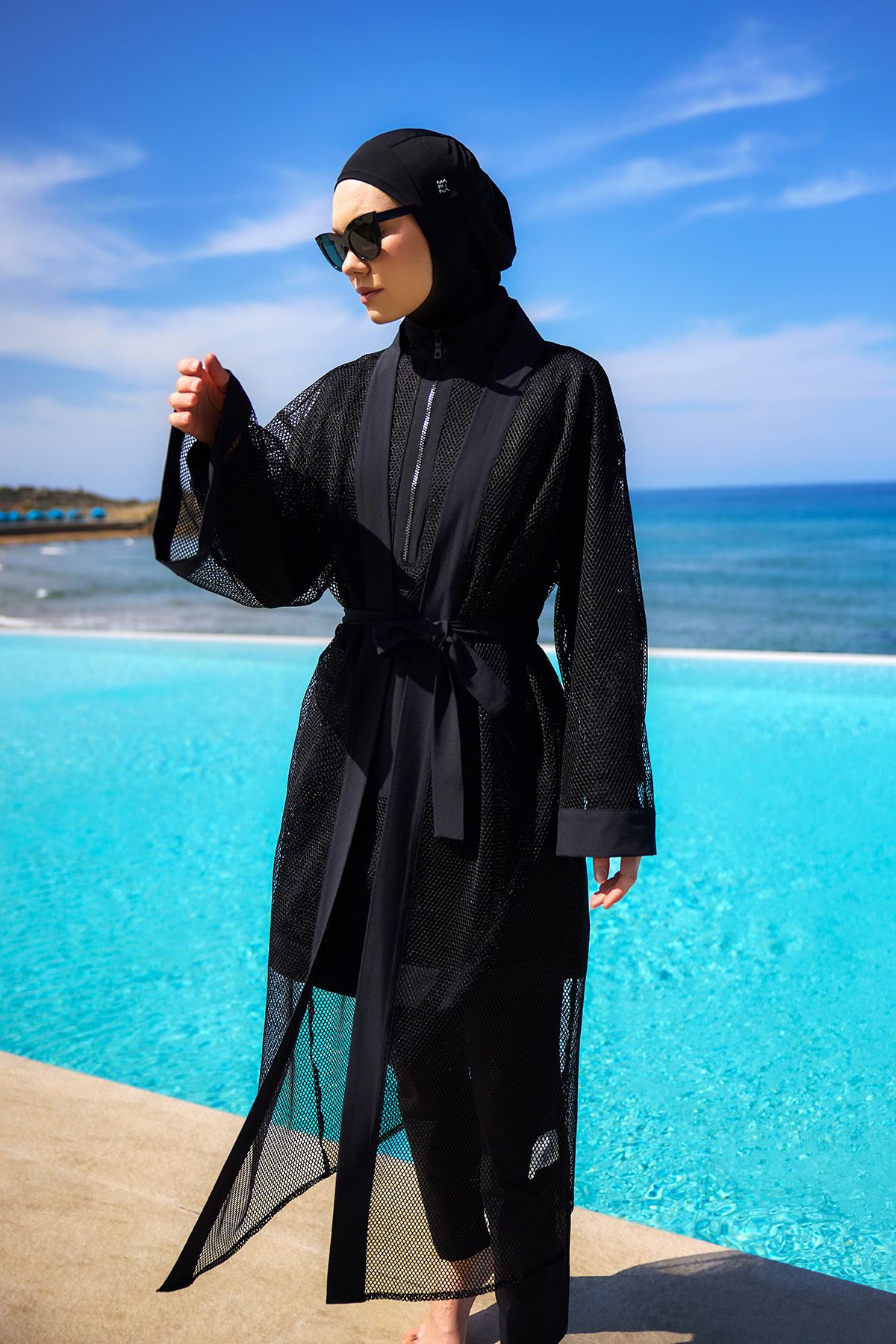 Marina Tam Boy Siyah Tül Kimono – Tesettür Plaj Pareosu P2501-1