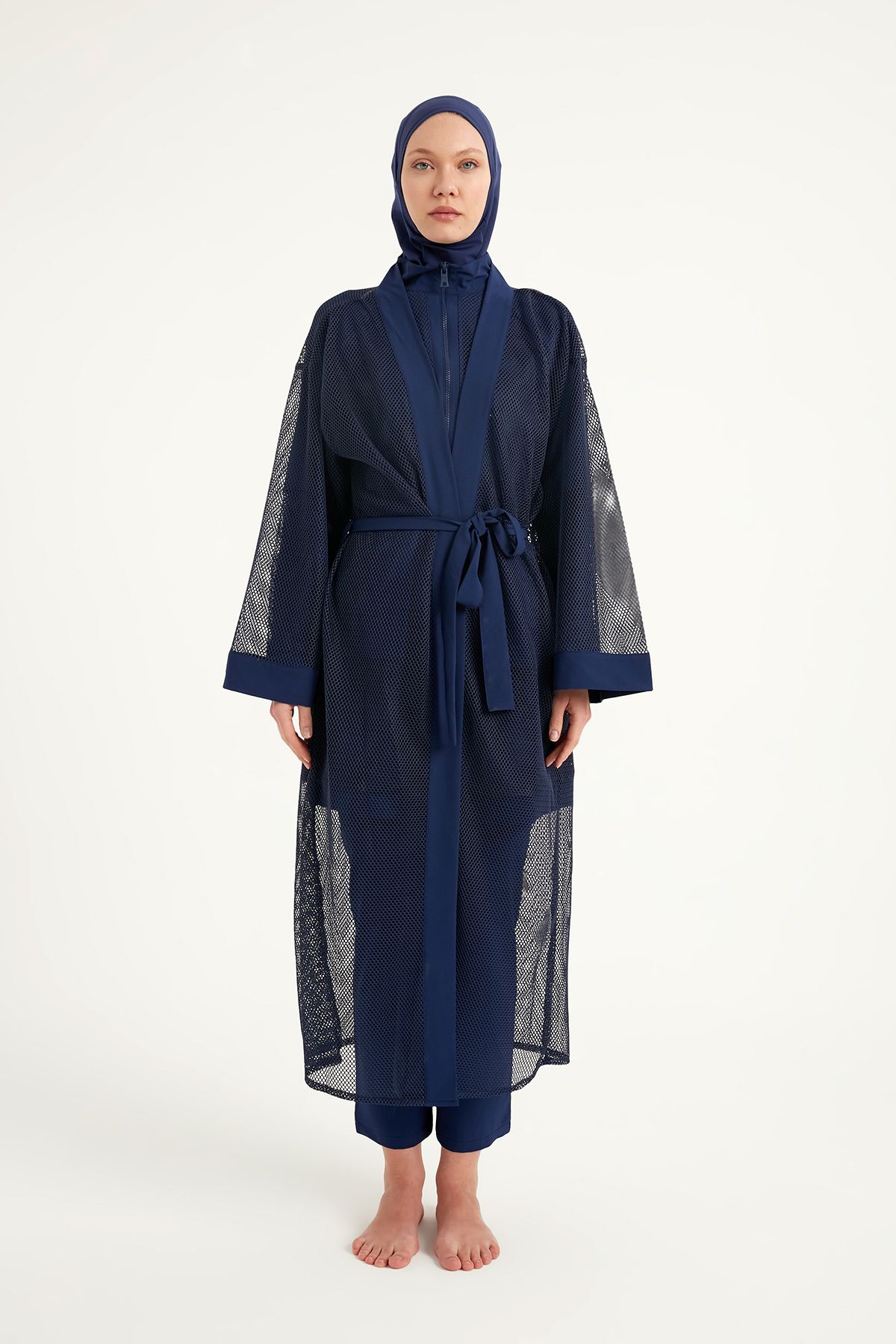 Marina-Full Length Navy Blue Tulle Kimono – Cool Holding Belted Mesh Pareo P2501-2 5
