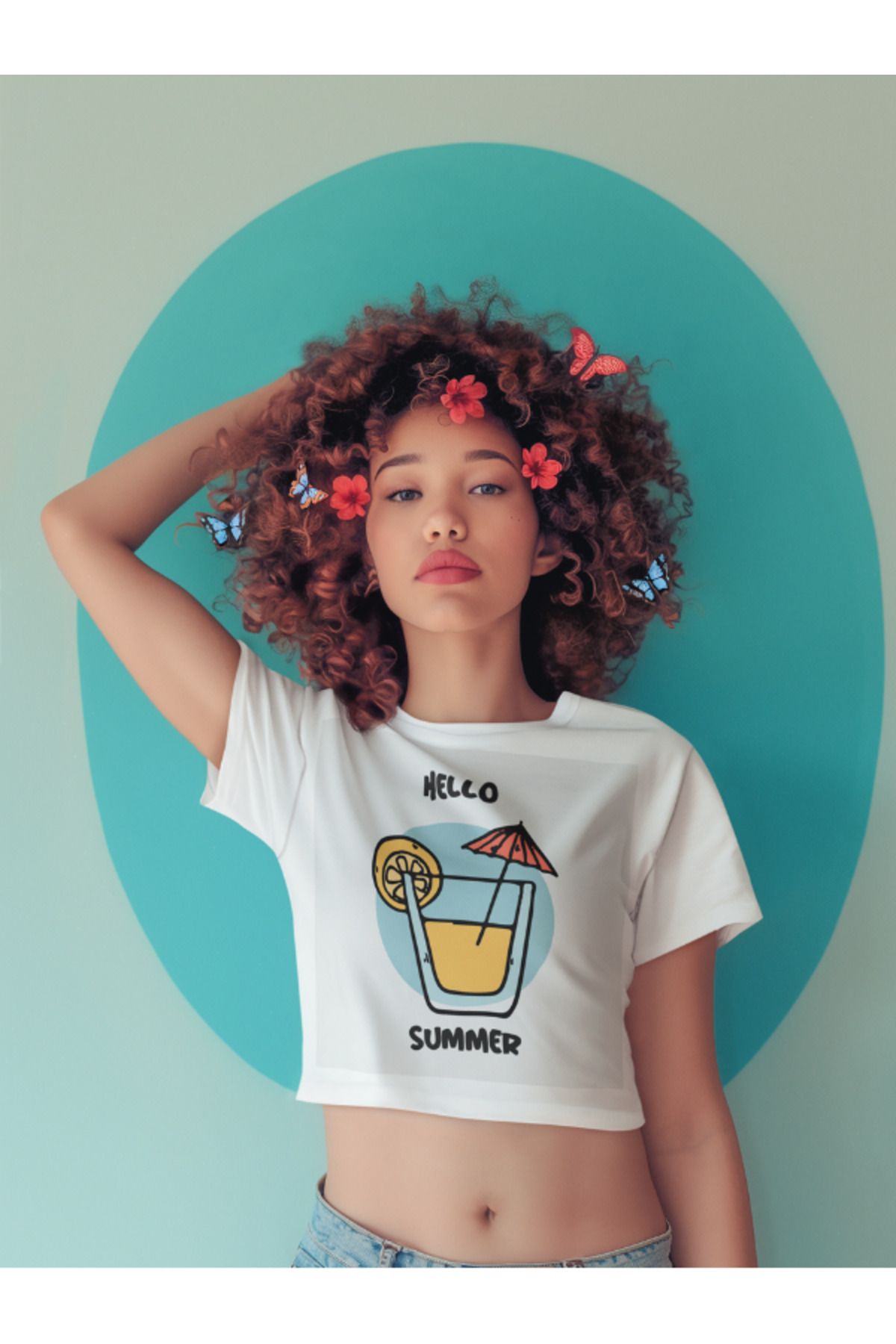 LAYORA Limonlu Yaz Keyfi! Hello Summer Baskılı Beyaz Crop Tişört