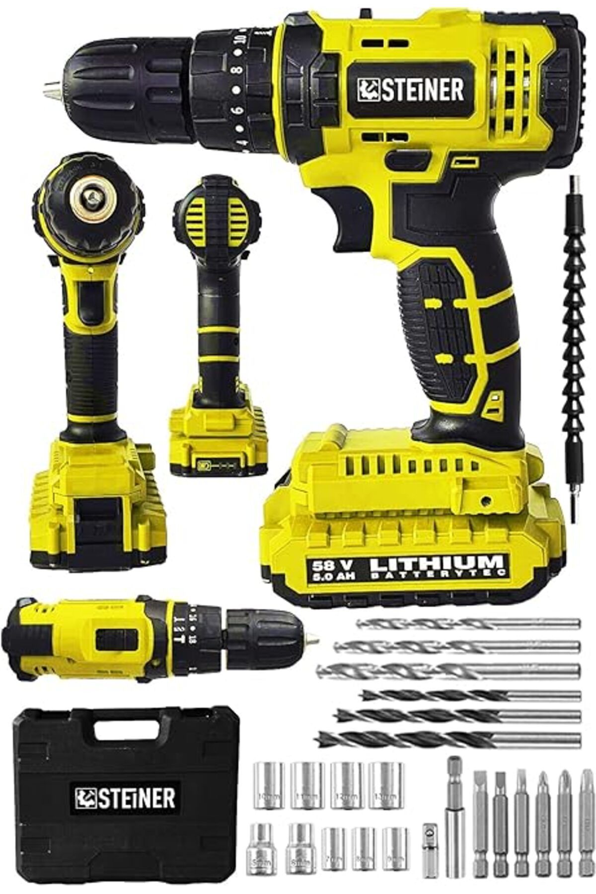 ShopZum Steiner Alman 58 V 5 Ah Darbeli Lityum Çift Akülü Sjs Metal Şanzıman Şarjlı Vidalama Matkap 24 Pcs