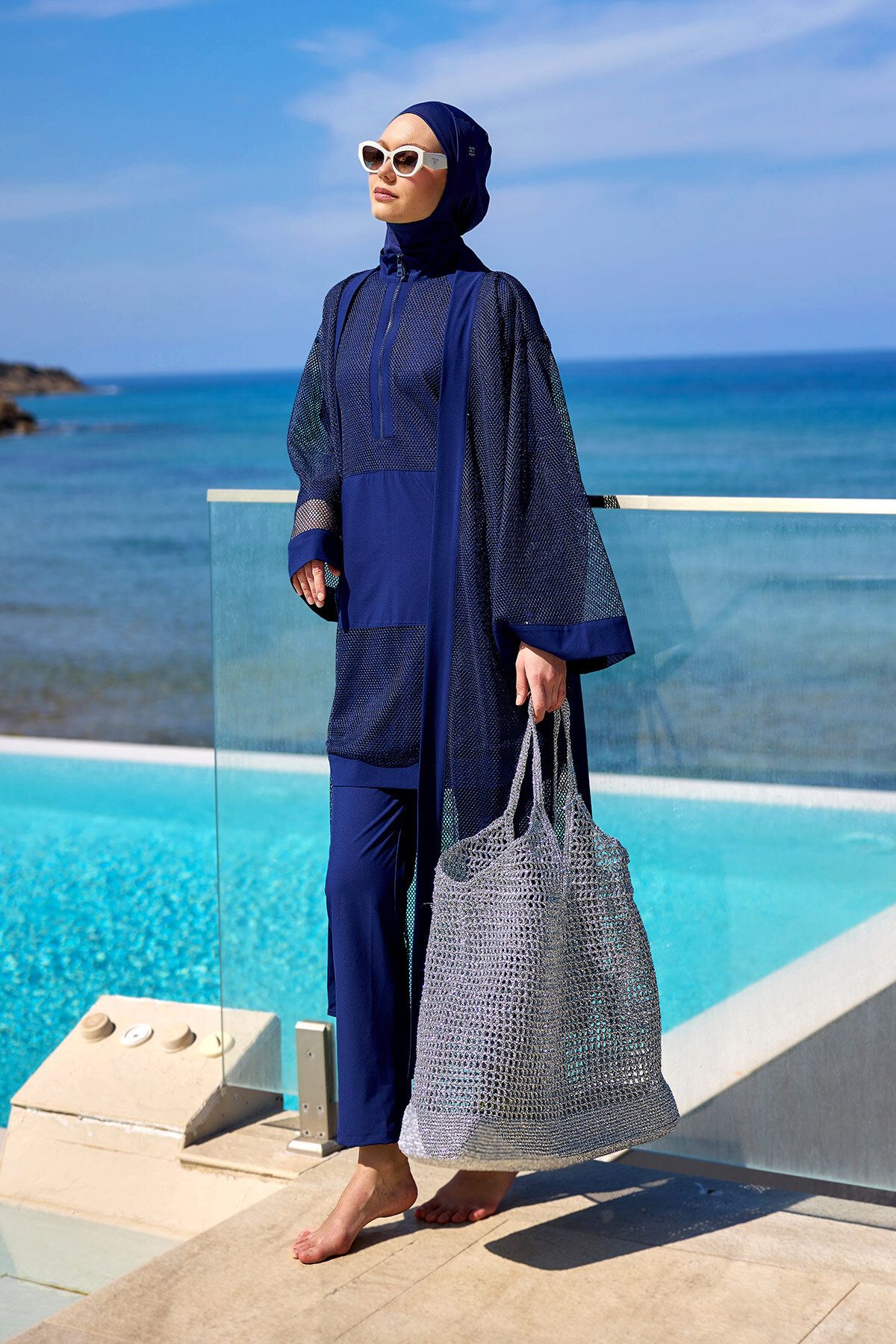 Marina-Full Length Navy Blue Tulle Kimono – Cool Holding Belted Mesh Pareo P2501-2 4