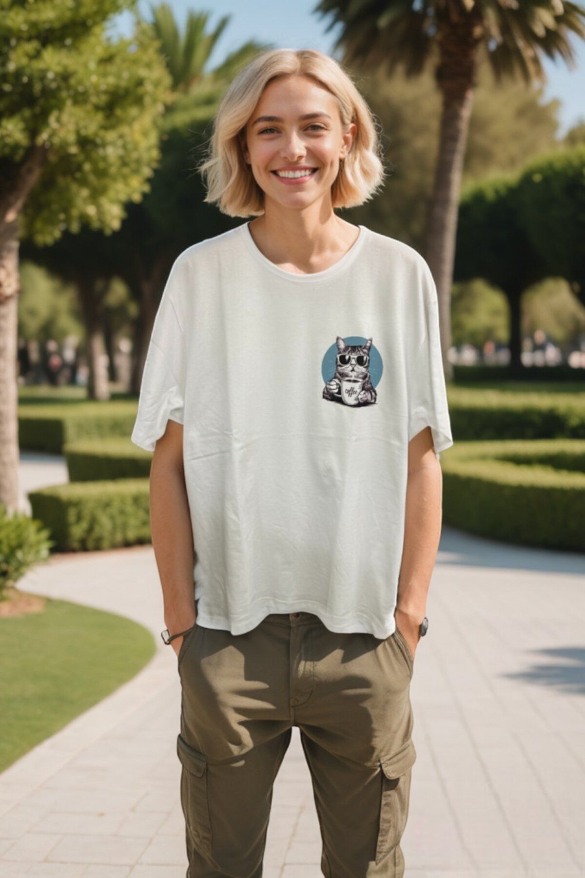 CANMODA Coffee Cat Oversize Tişört - Beyaz