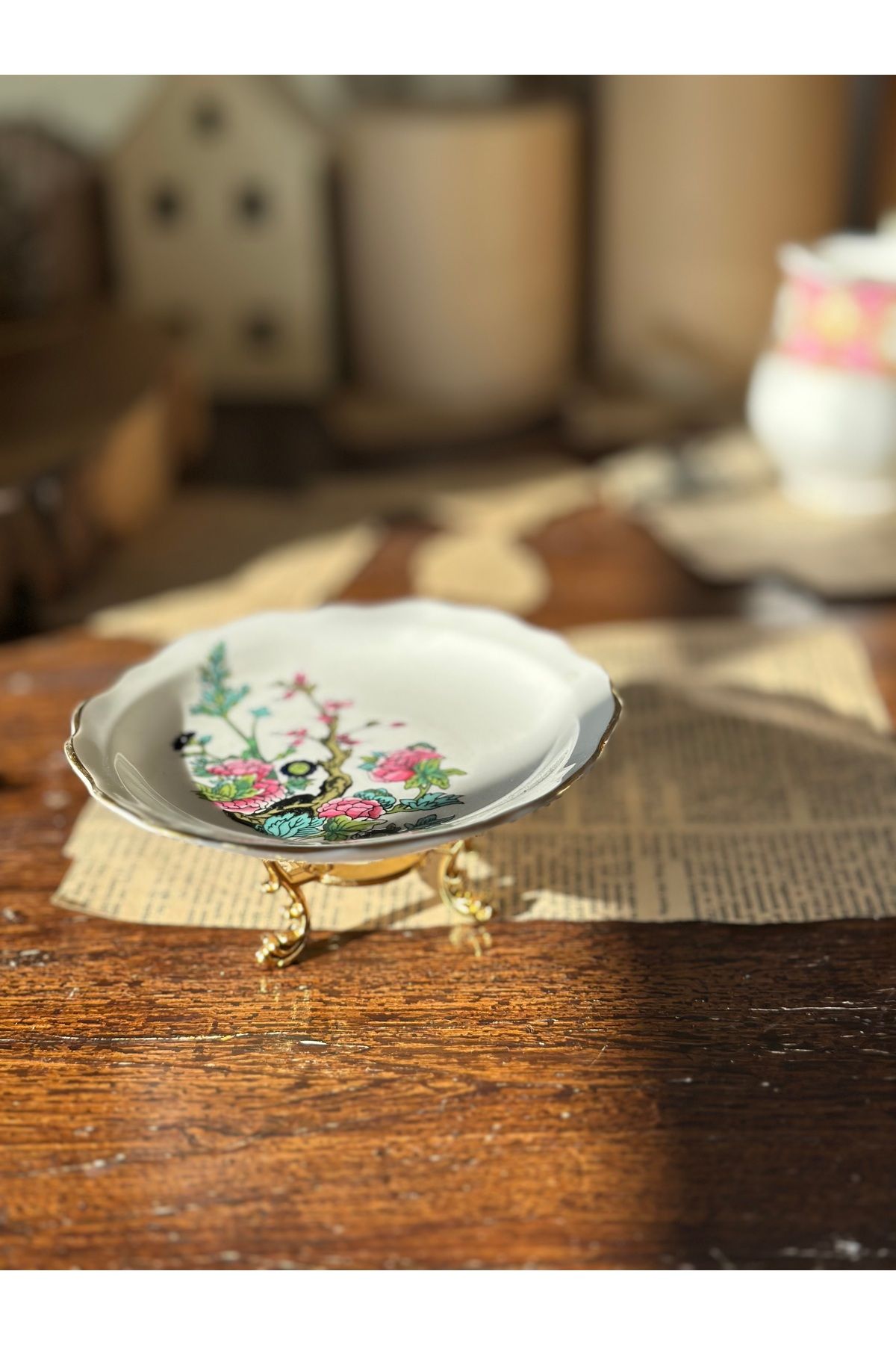 Handmadesign İngiliz Damgalı Antika Porselen Ayaklı Sunum Tabağı, Reçellik, Lokumluk, Drajelik, Takılık