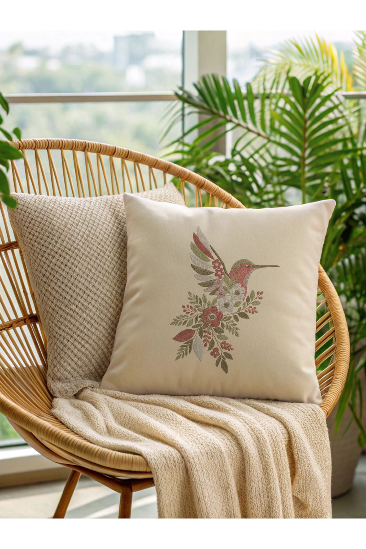Misue Handmade Nakışlı Kırlent Kılıfı, %100 Pamuk Doğa Dostu, 43x43cm Kırlent Kılıfı, Dekoratif Nakışlı Kırlent