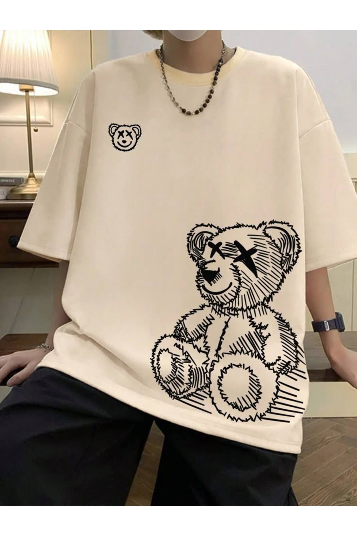 LAYORA Erkek Oversize Ayı Baskılı Krem Tişört