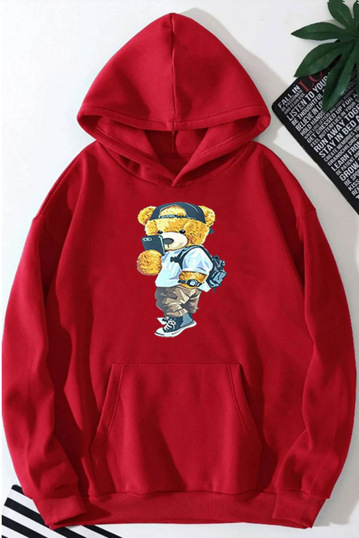 ModaSphere Peluş Ayı Baskılı Kapüşonlu Sweatshirt