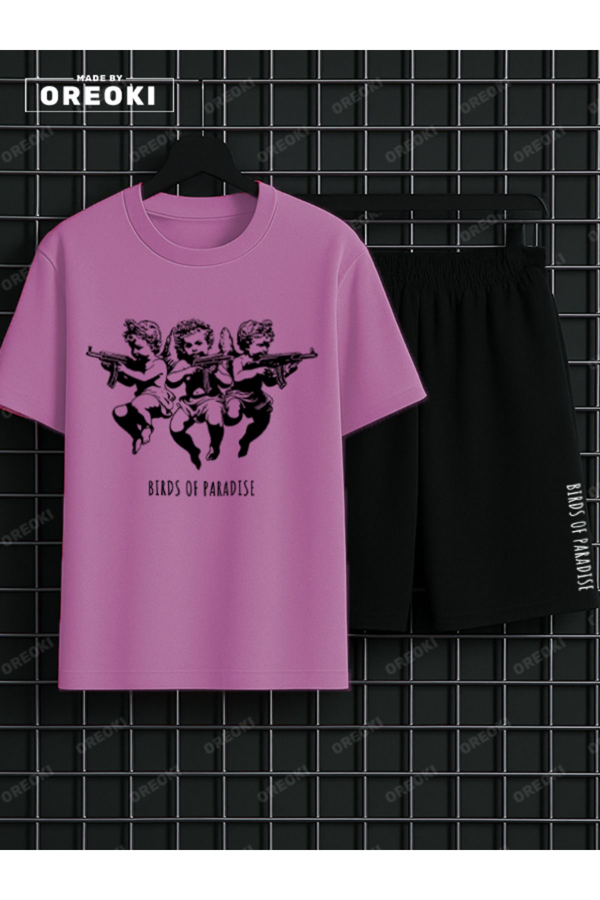 EFFRENATU KOPYA - Cennetin Çocukları Baskılı Pamuklu Unisex Pembe Tişört-Siyah Şort Takım
