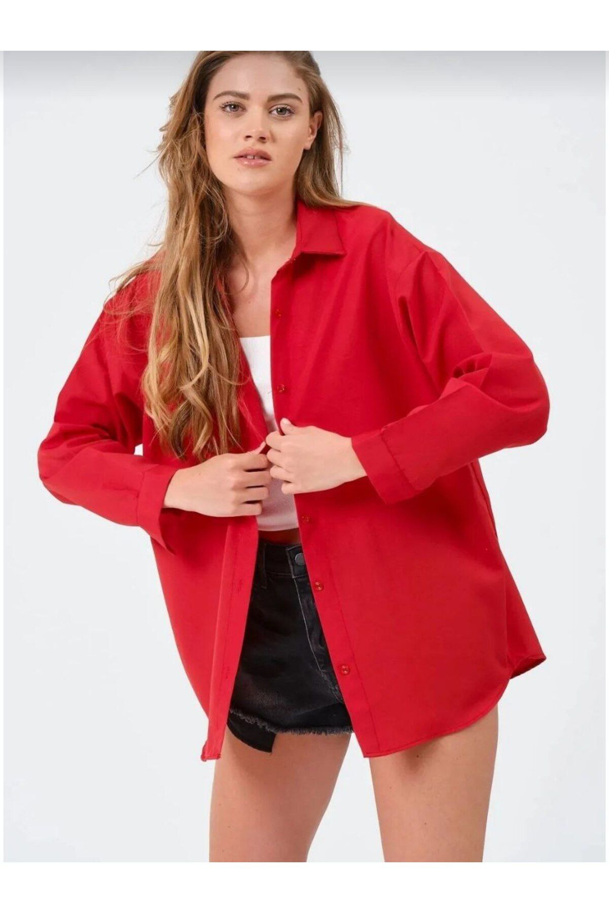 Elmas butik Elmas kadın oversize Kırmızı basic gömlek
