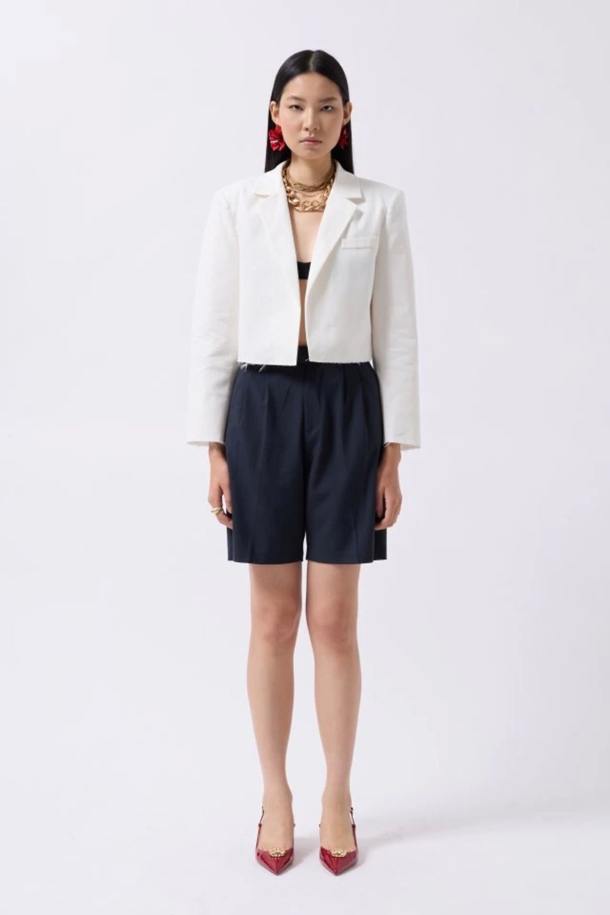 Omarı Crop Keten Blazer Ceket