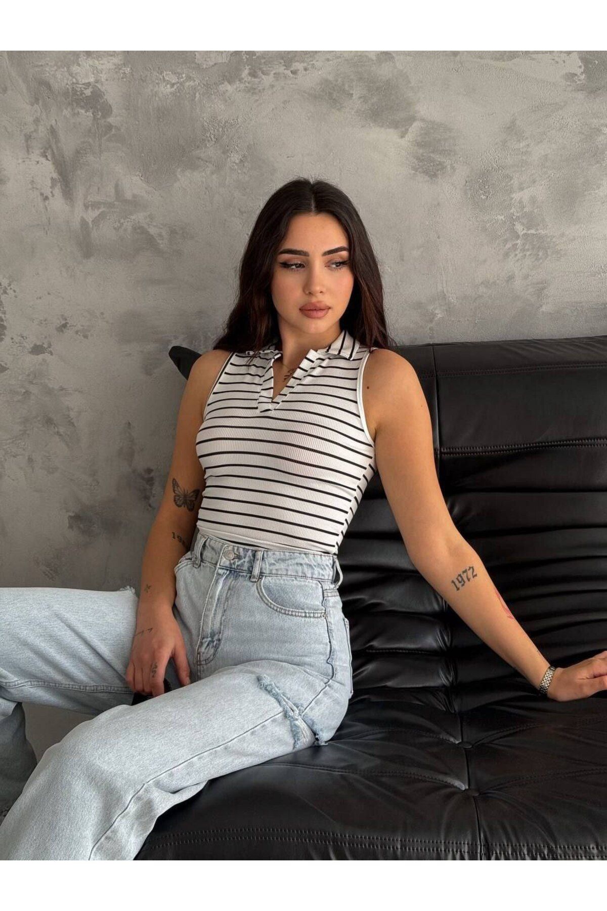 Elmas butik ELMAS Kadın burgu kumaş çizgili polo yaka sıfır kol crop