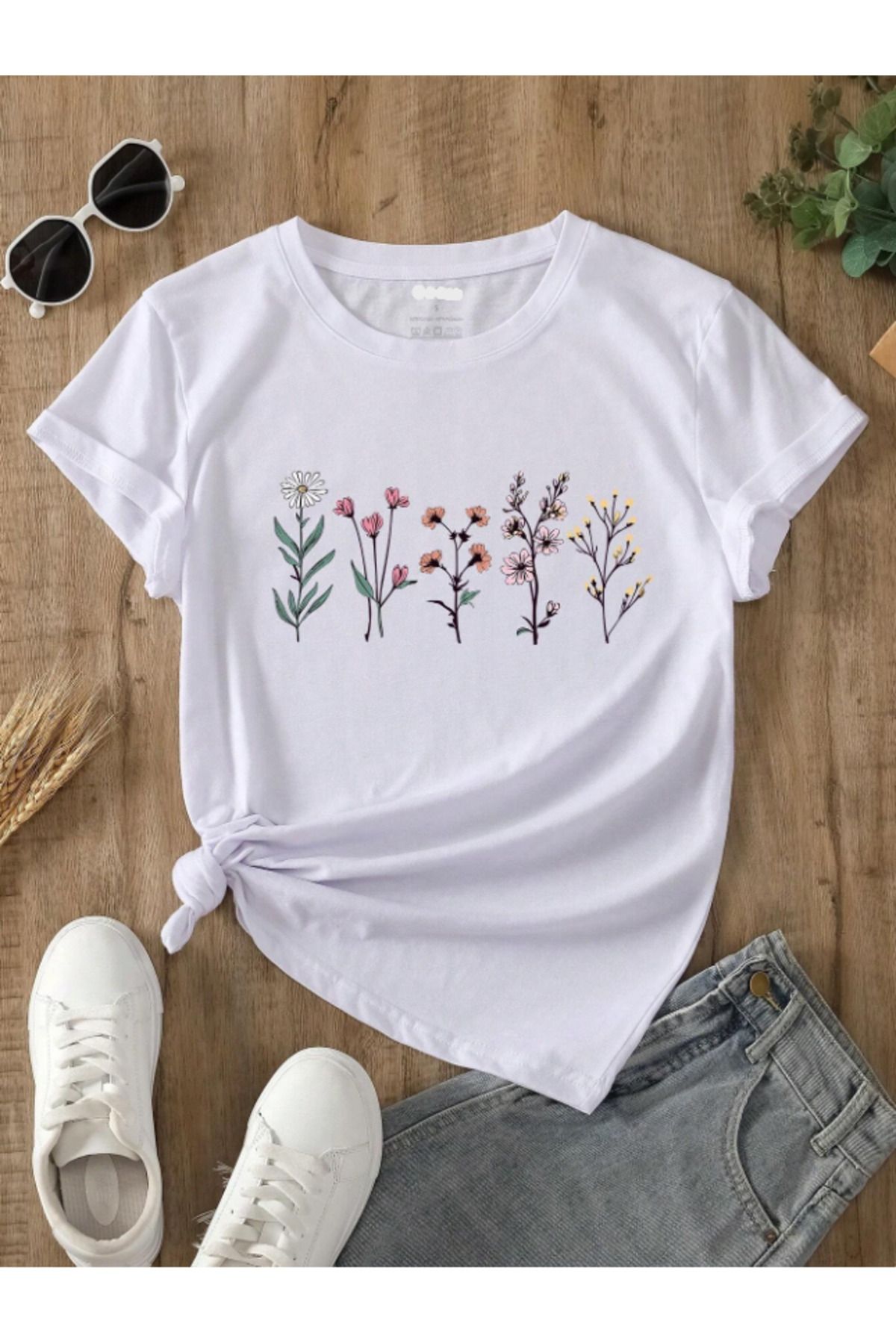 Framgan Kadın/Erkek ÇİÇEK Özel Baskılı Günlük Kısa Kollu Pamuklu T-Shirt