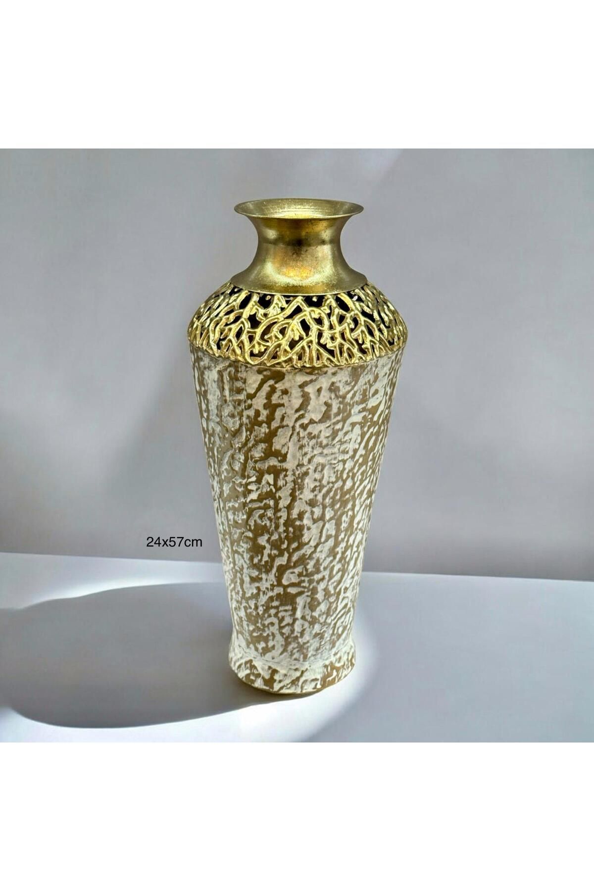 Hinora Gold Beyaz Detaylı Şık Eskitme Model Vazo 24x57cm