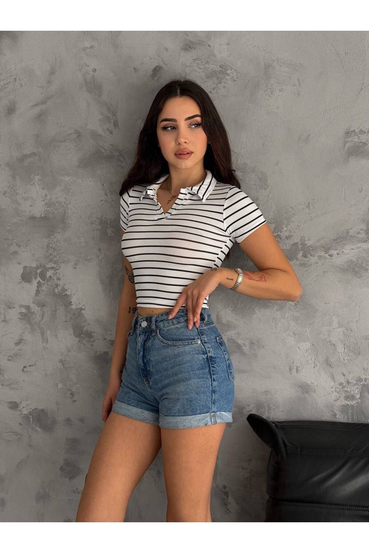 Elmas butik elmas kadın burgu kumaş yarım kol polo yaka tam kalıp Crop