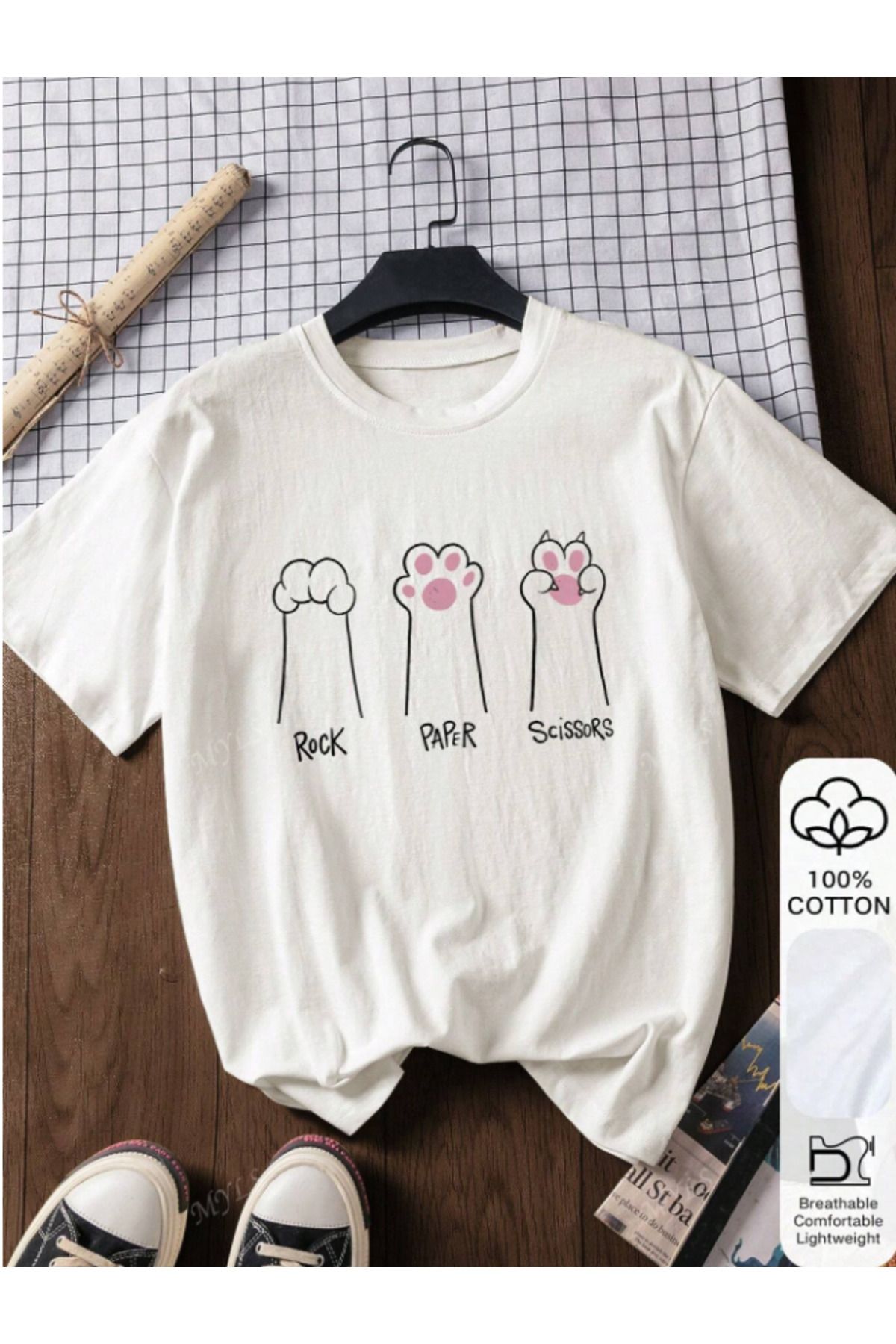 Framgan Kadın/Erkek KEDİ PATİSİ Baskılı Günlük Kısa Kollu Pamuklu T-Shirt