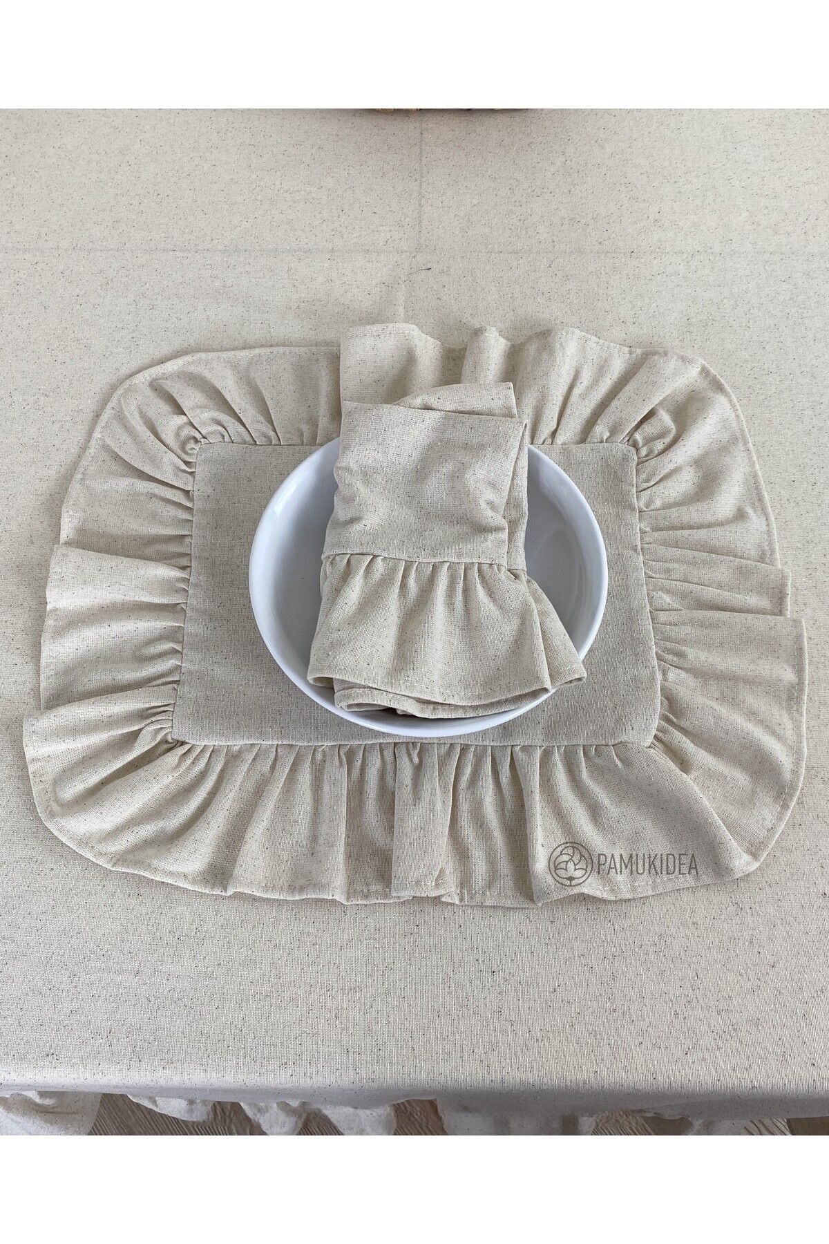 Elioure 2 Adet Bej Fırfırlı Keten Amerikan Servis, 35x45 cm, %100 Pamuk