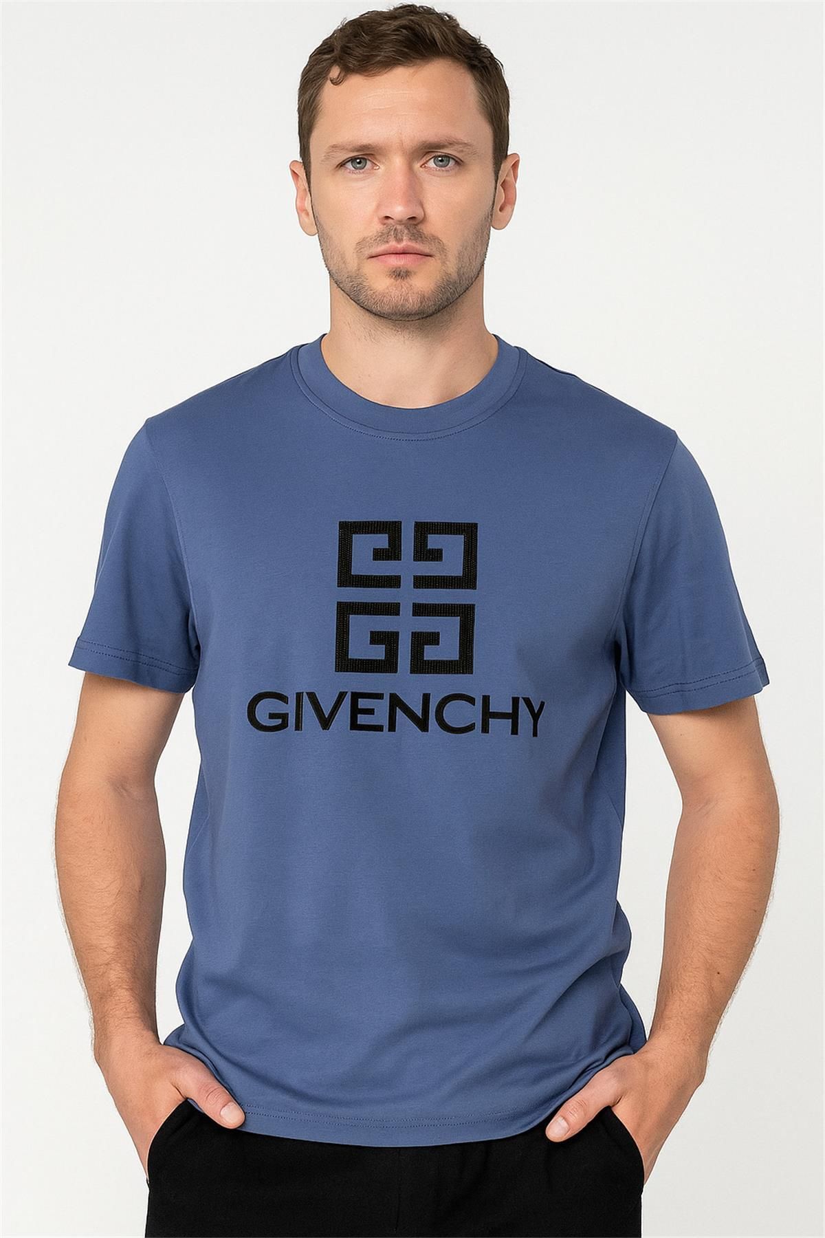 Trend07 GWENCHY 4K MOTİF COTTON T-SHİRT KOYU MAVİ