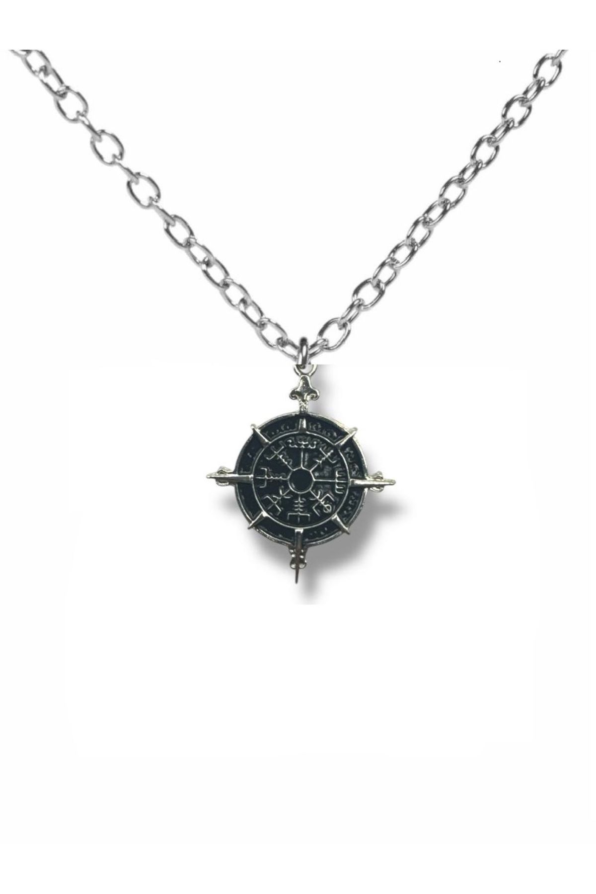 Herşey Nota Viking Pusulası Antik Görünümlü Unisex Kolye – 60 cm Zincirli, Vegvísir Sembolüyle Koruma
