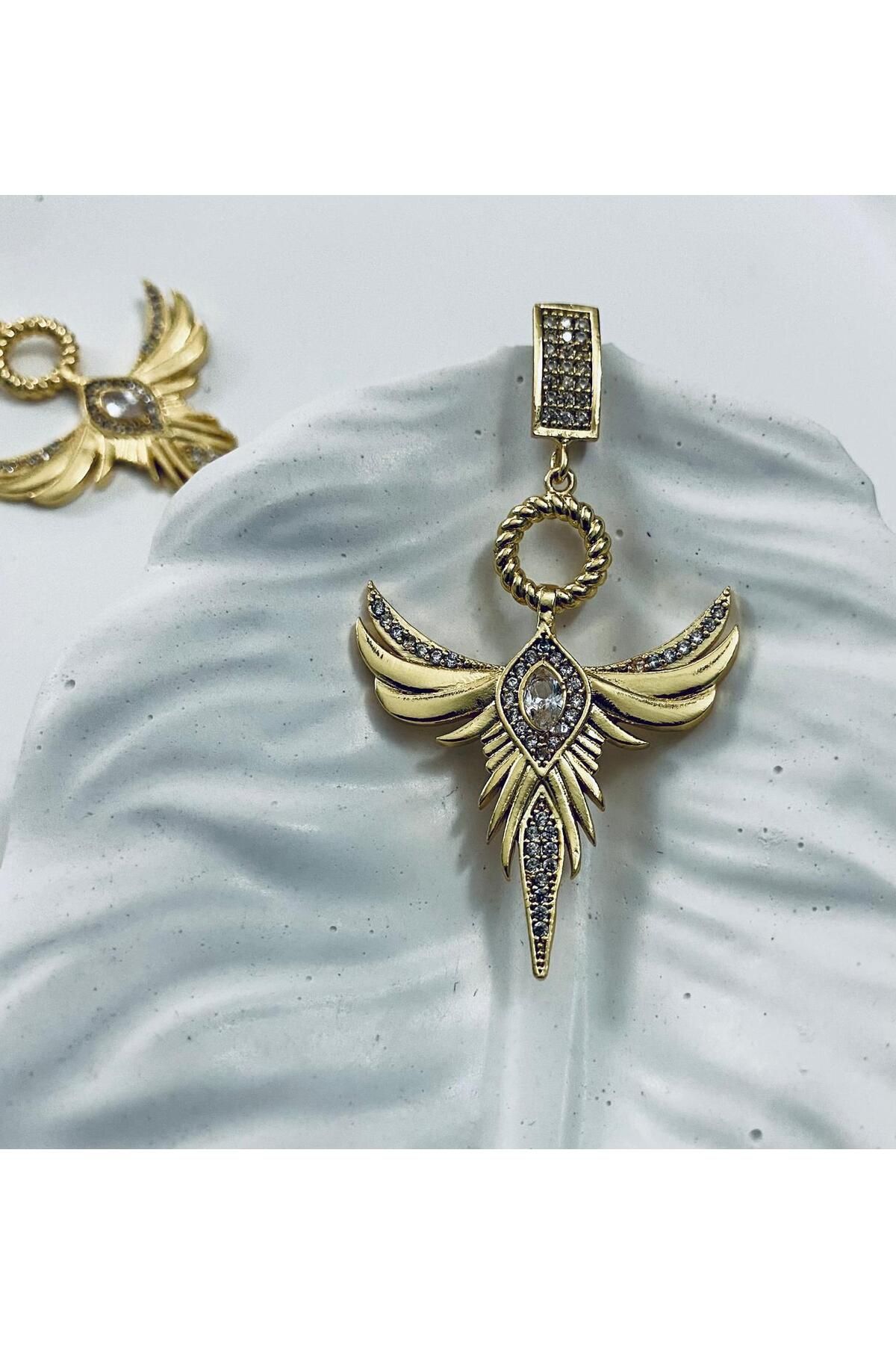 KANERUZ Altın Kaplama Zirkon Taşlı Kılıç ve Anka Kuşu Işıltılı Charm Özel Tasarım Küpe