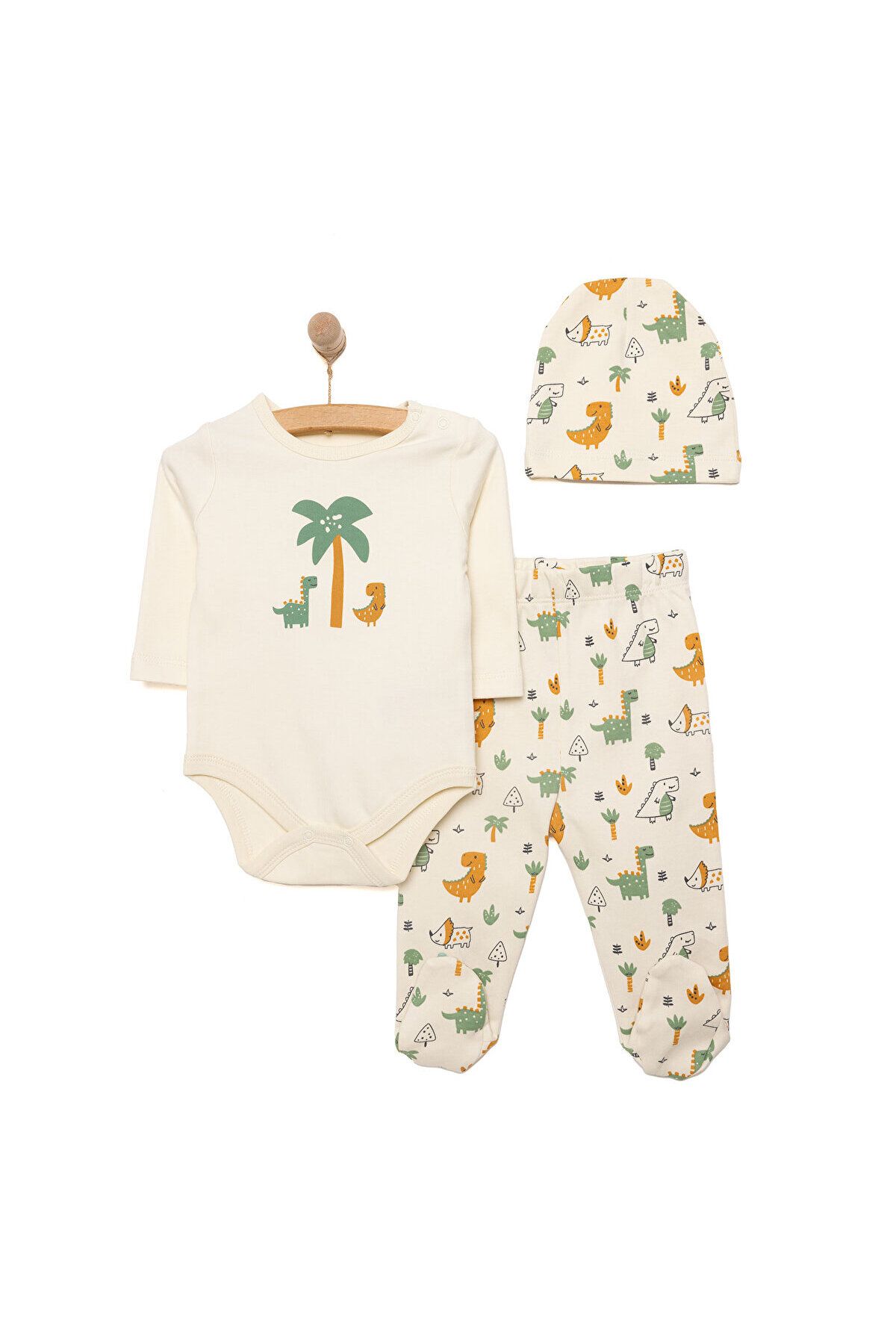 ebebek Hello Baby HelloBaby Yenidoğan Unisex Bebek Body-Patikli Alt-Bere 3lü Takım İnterlok Dinozor Desenli Bisiklet Y