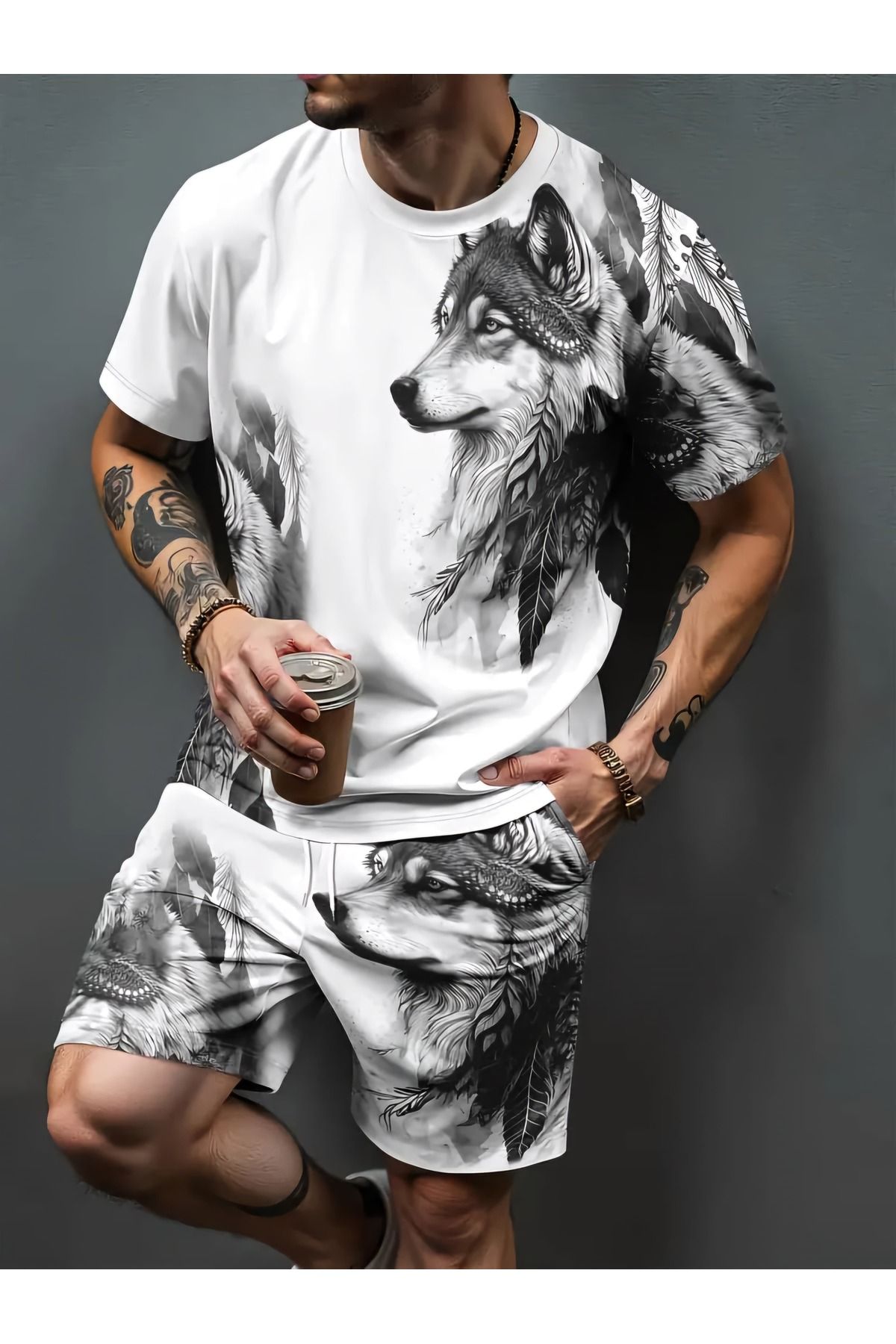 WEAR Erkek Wolf Desenli Şort ve Tişört takımı