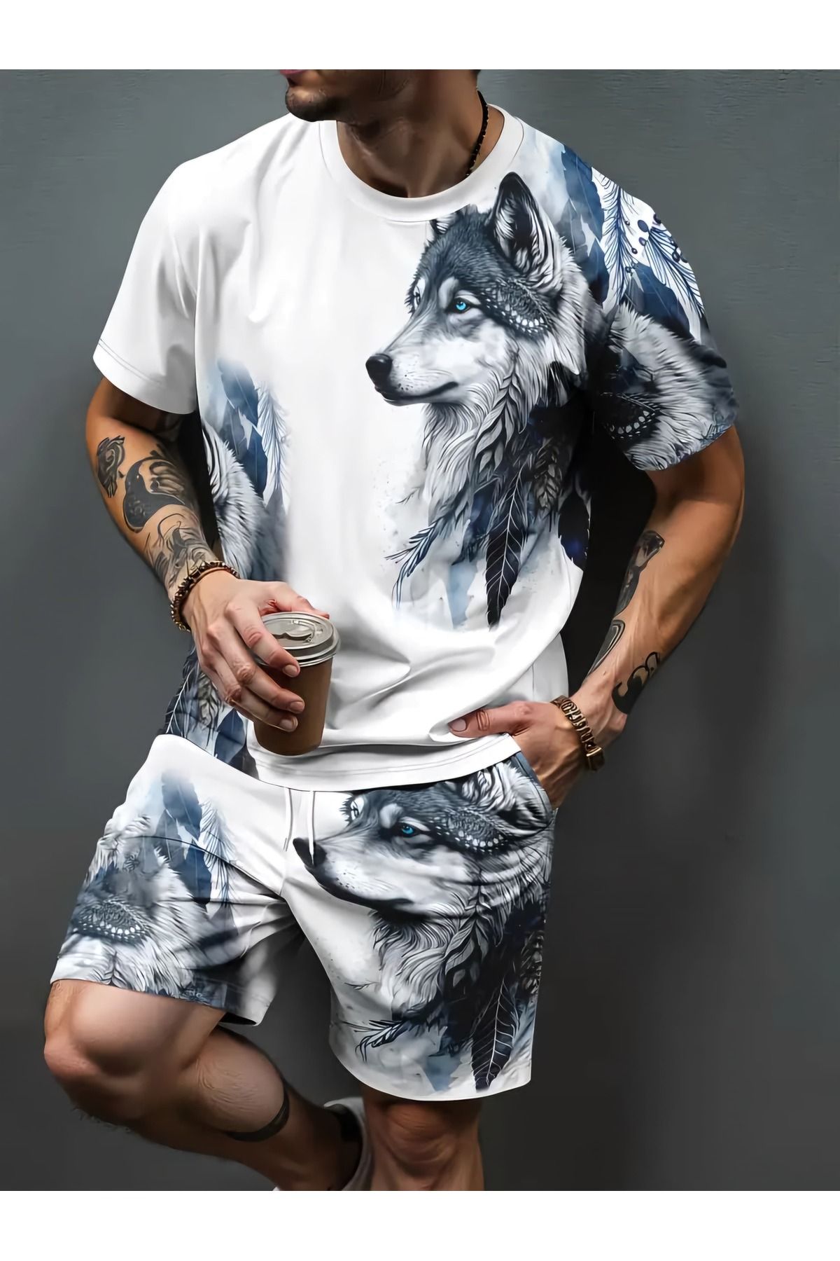 WEAR Erkek Wolf Desenli Şort ve Tişört takımı