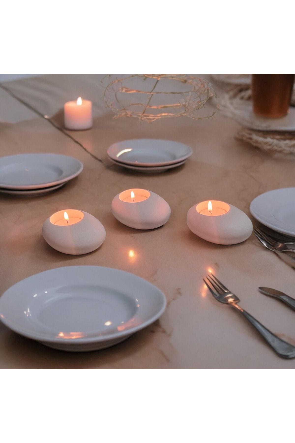 Elioure Beyaz beton görünümlü 3'lü tealight mumluk seti, dekoratif ve şık tasarım