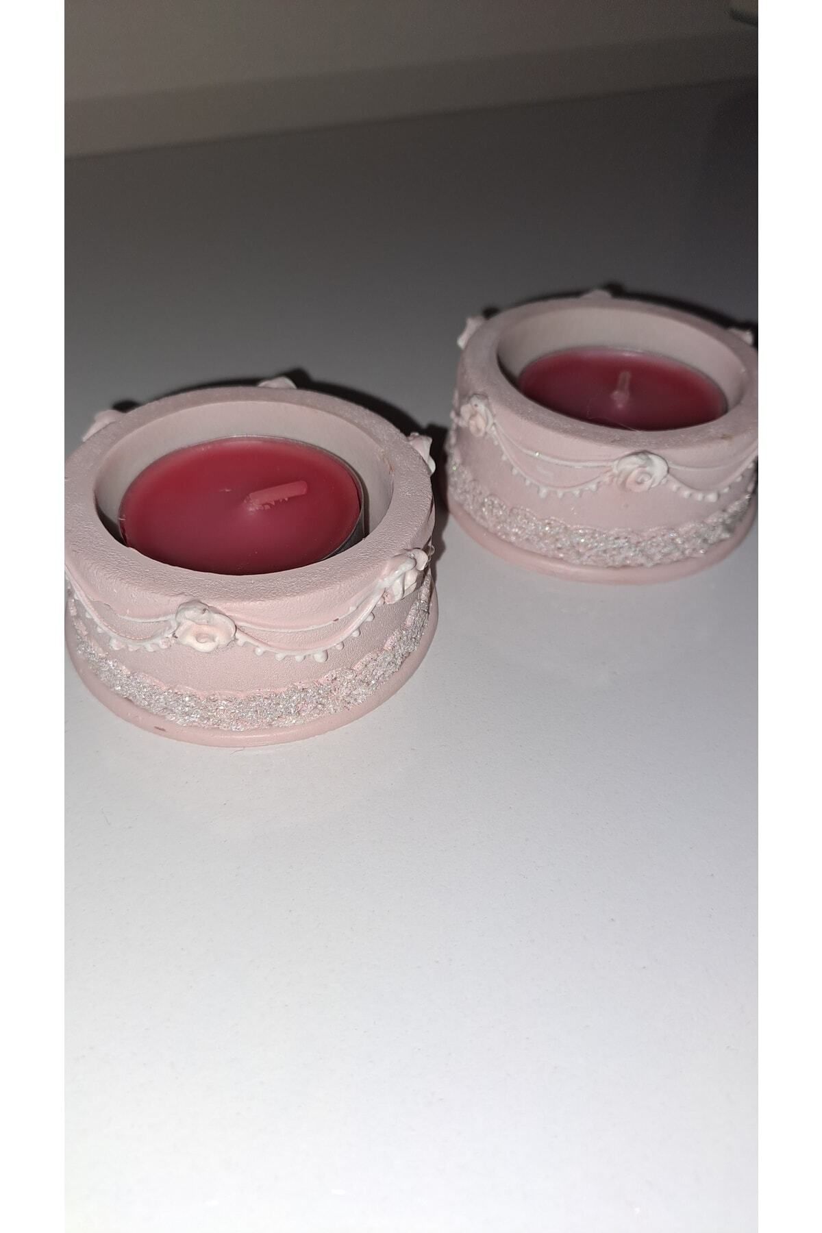 Elioure İki adet pembe simli tealight mumluk, 6x3 cm, şık ve yılbaşı temalı dekor.