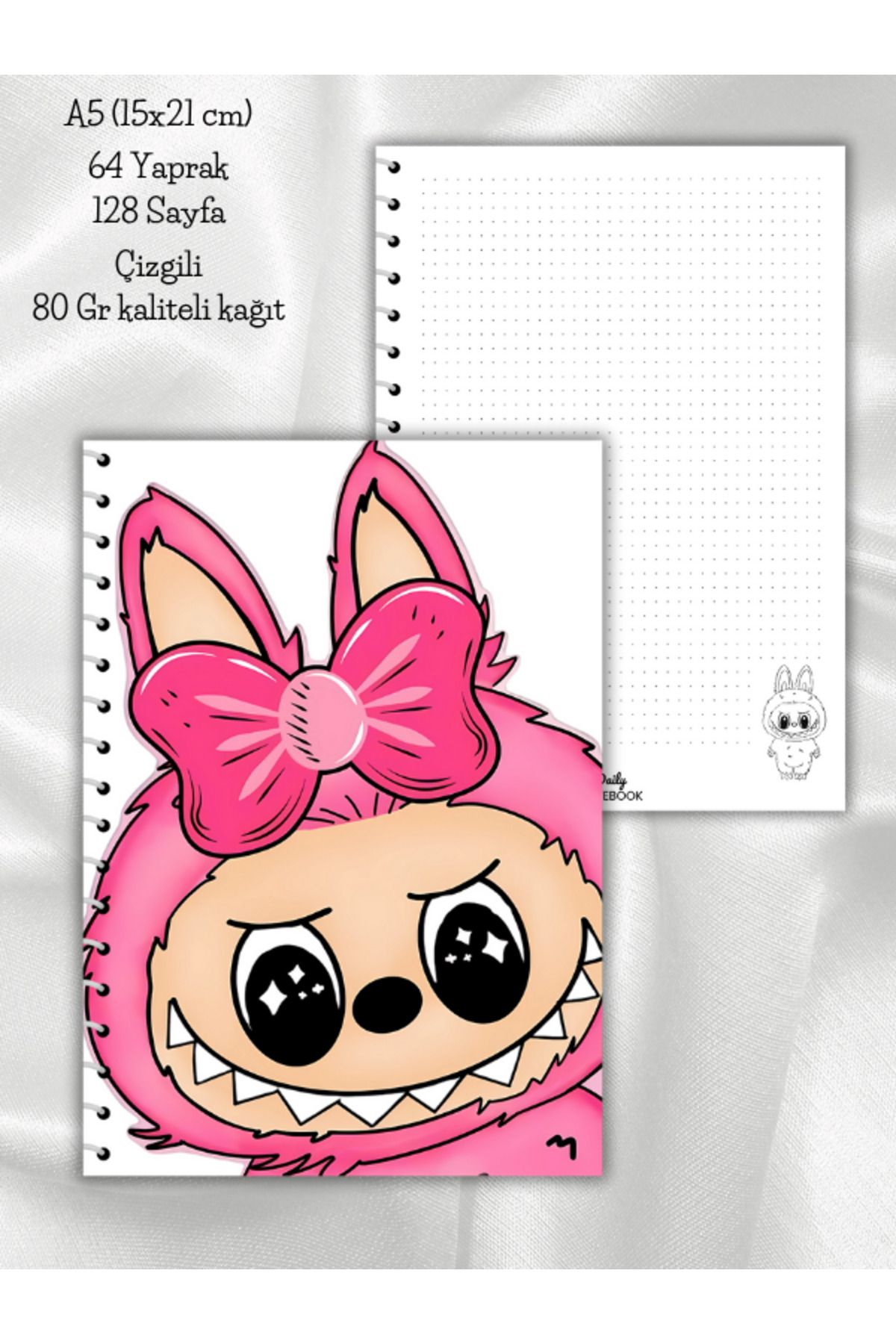 daily notebook Labubu Noktalı Okul Defteri,64 Yaprak Spiralli A5 Büyük Boy (15x21 cm) Boyutunda