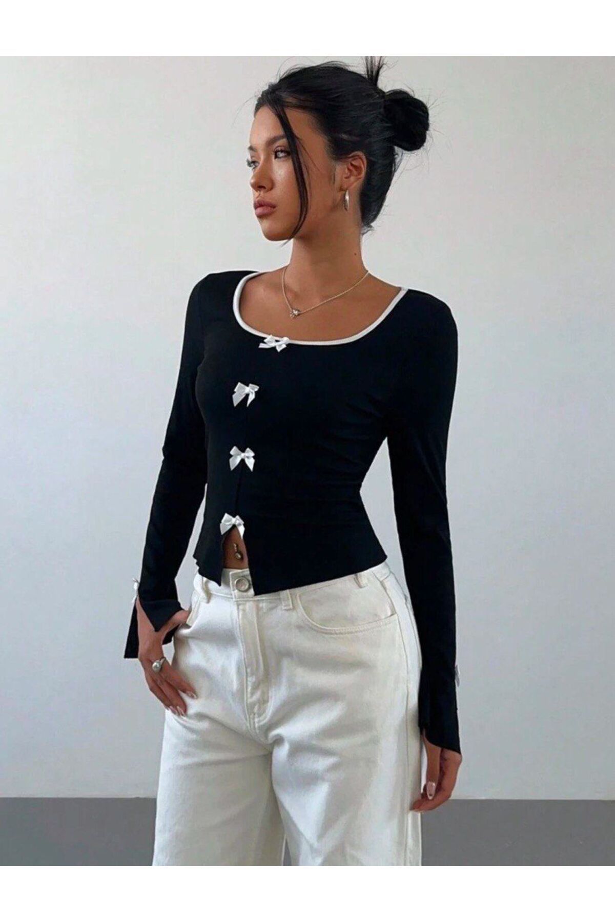 Gofeel Ribbon Dekolteli Uzun Kollu Crop