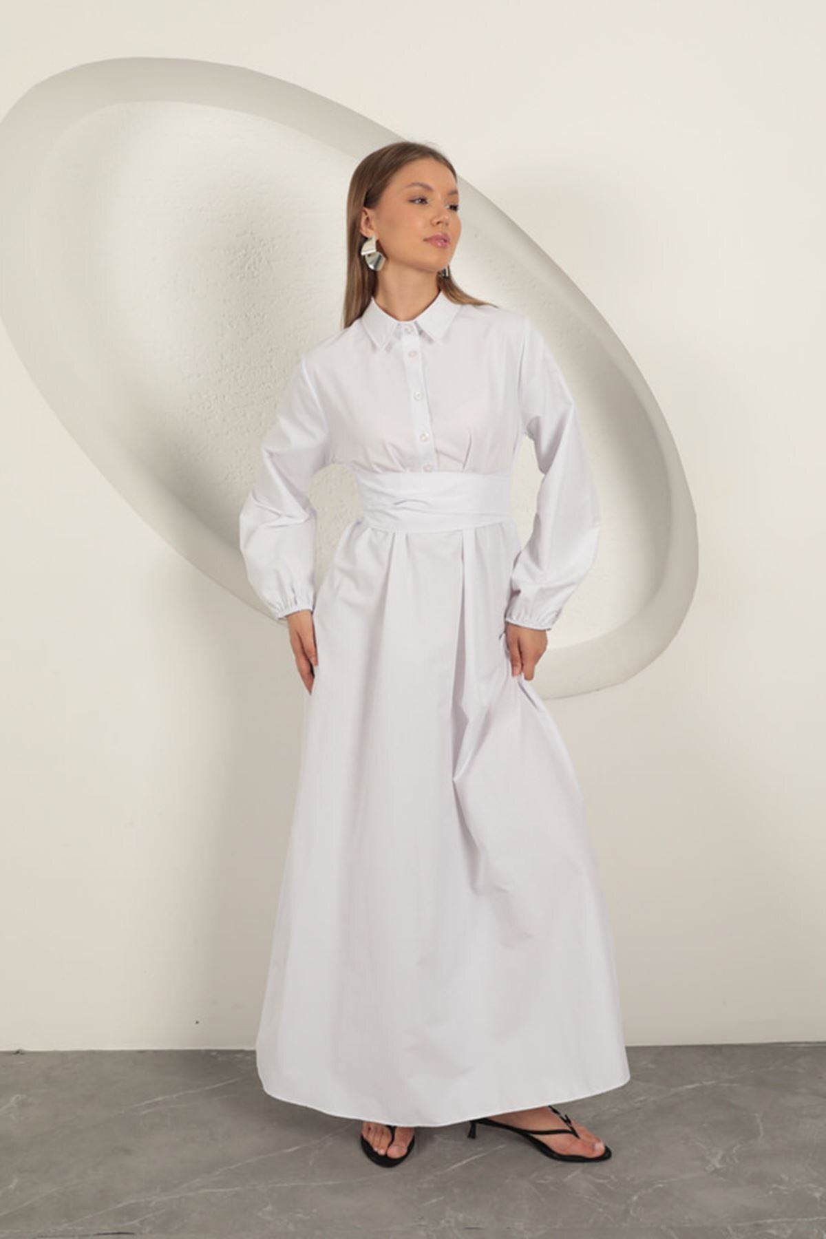 blueb Poplin Kumaş Bağlama Detaylı Elbise-Beyaz
